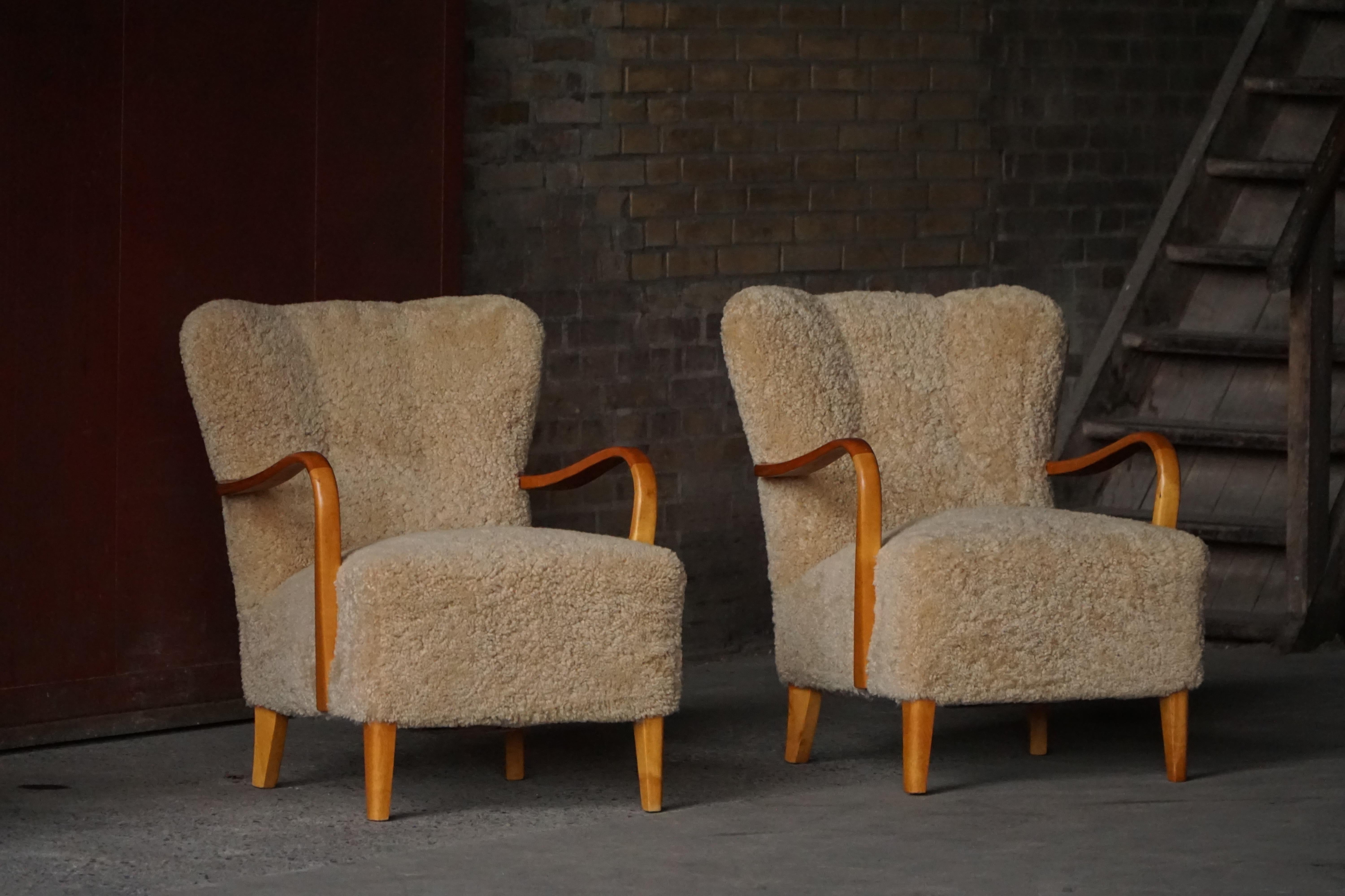 Mid Century Modern, Pareja de tumbonas suecas de abedul y lana de cordero, años 60 en venta 5