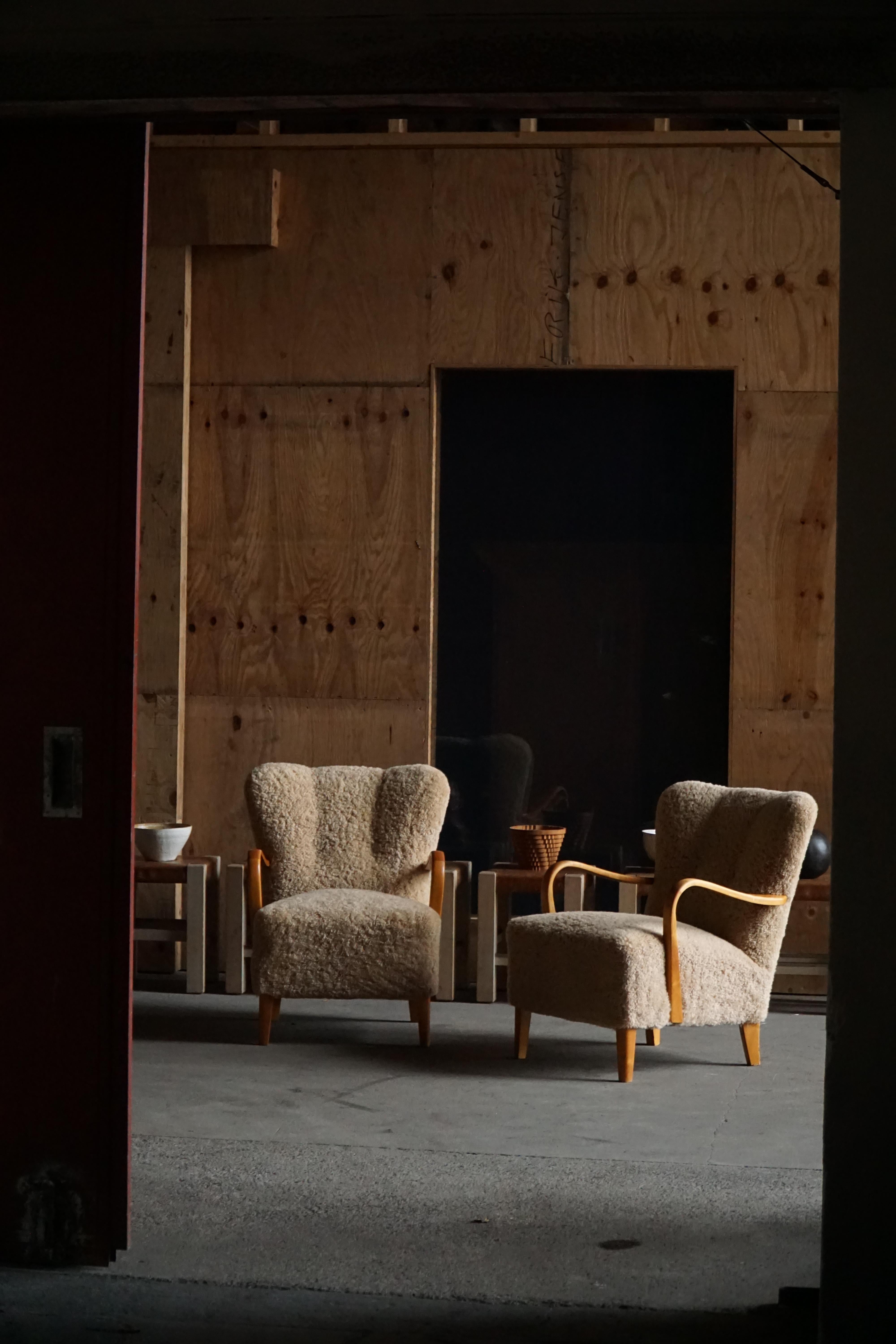 Mid Century Modern, Pareja de tumbonas suecas de abedul y lana de cordero, años 60 en venta 7