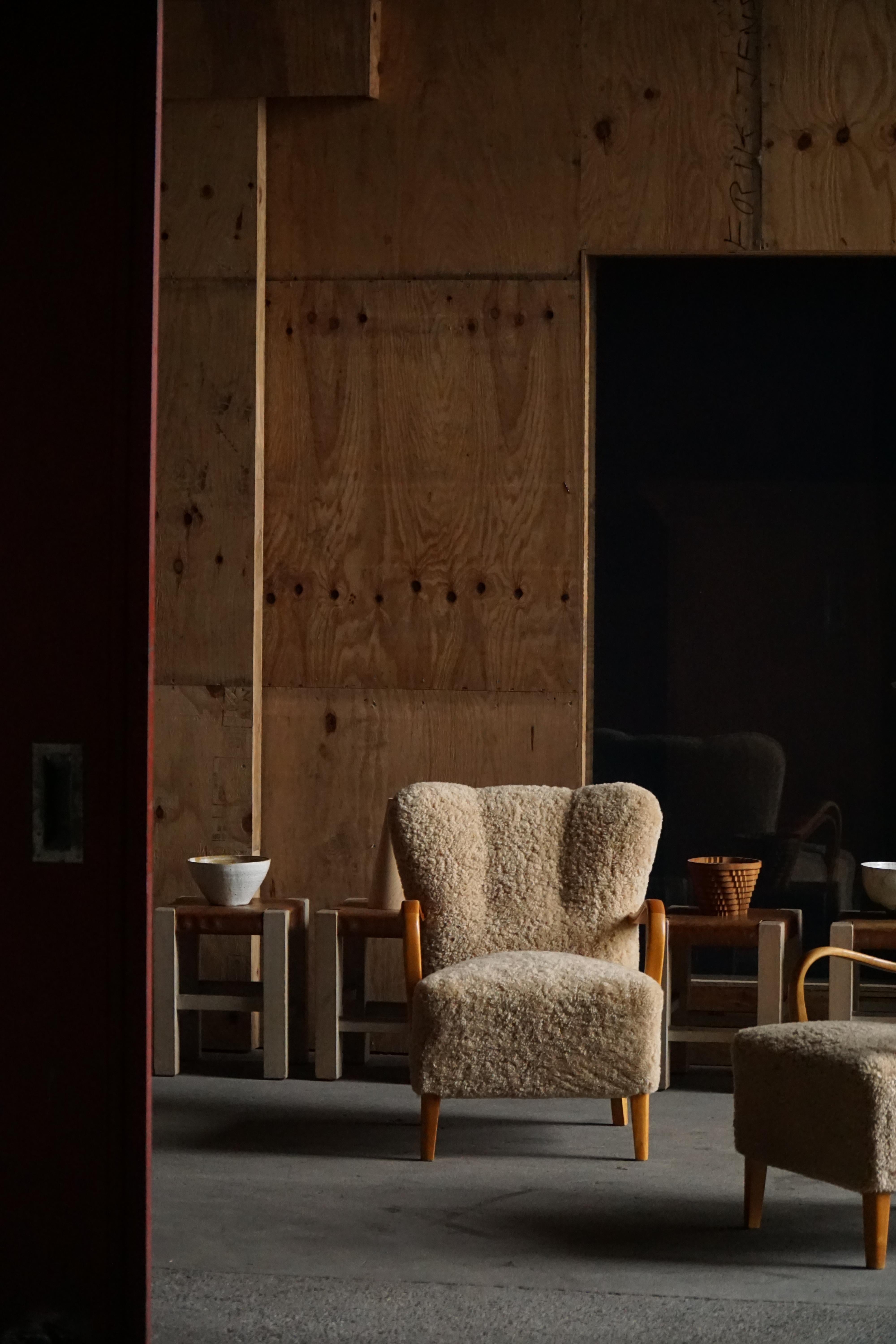 Mid Century Modern, Pareja de tumbonas suecas de abedul y lana de cordero, años 60 Sueco en venta