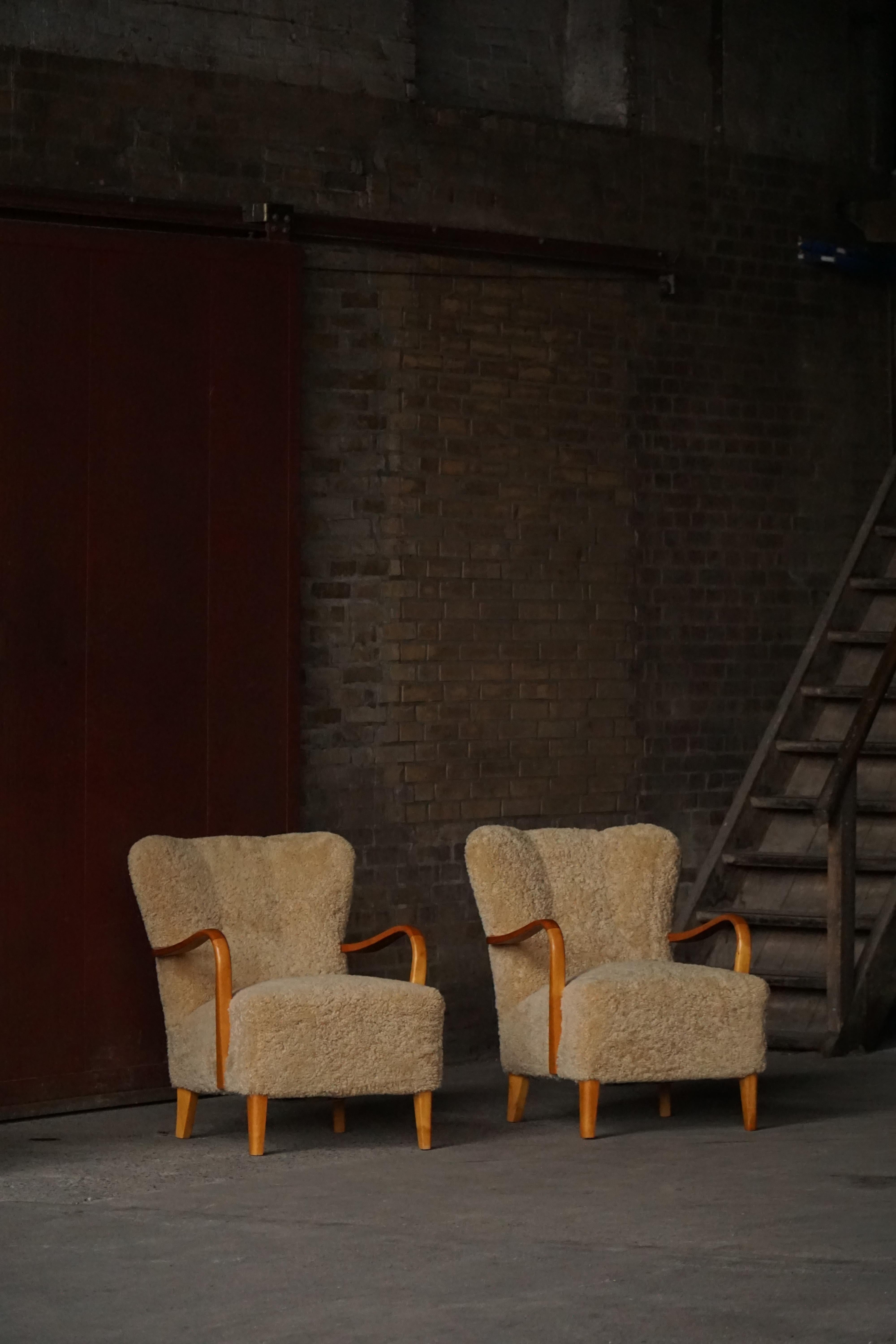 Mid Century Modern, Pareja de tumbonas suecas de abedul y lana de cordero, años 60 en venta 1