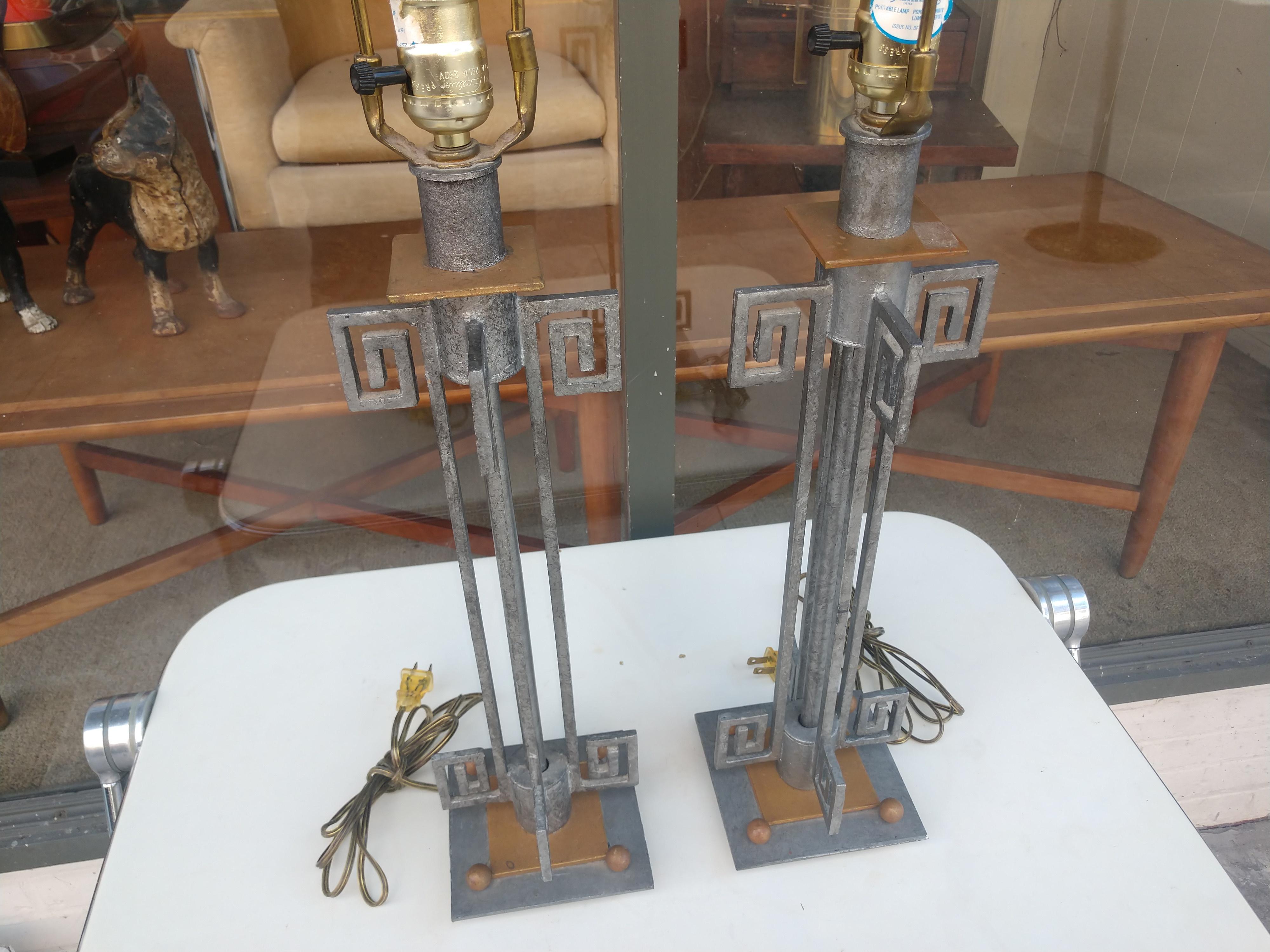 American Mid-Century Modern Pair of Table Lamps with Mixed Metal and Greek Key Design