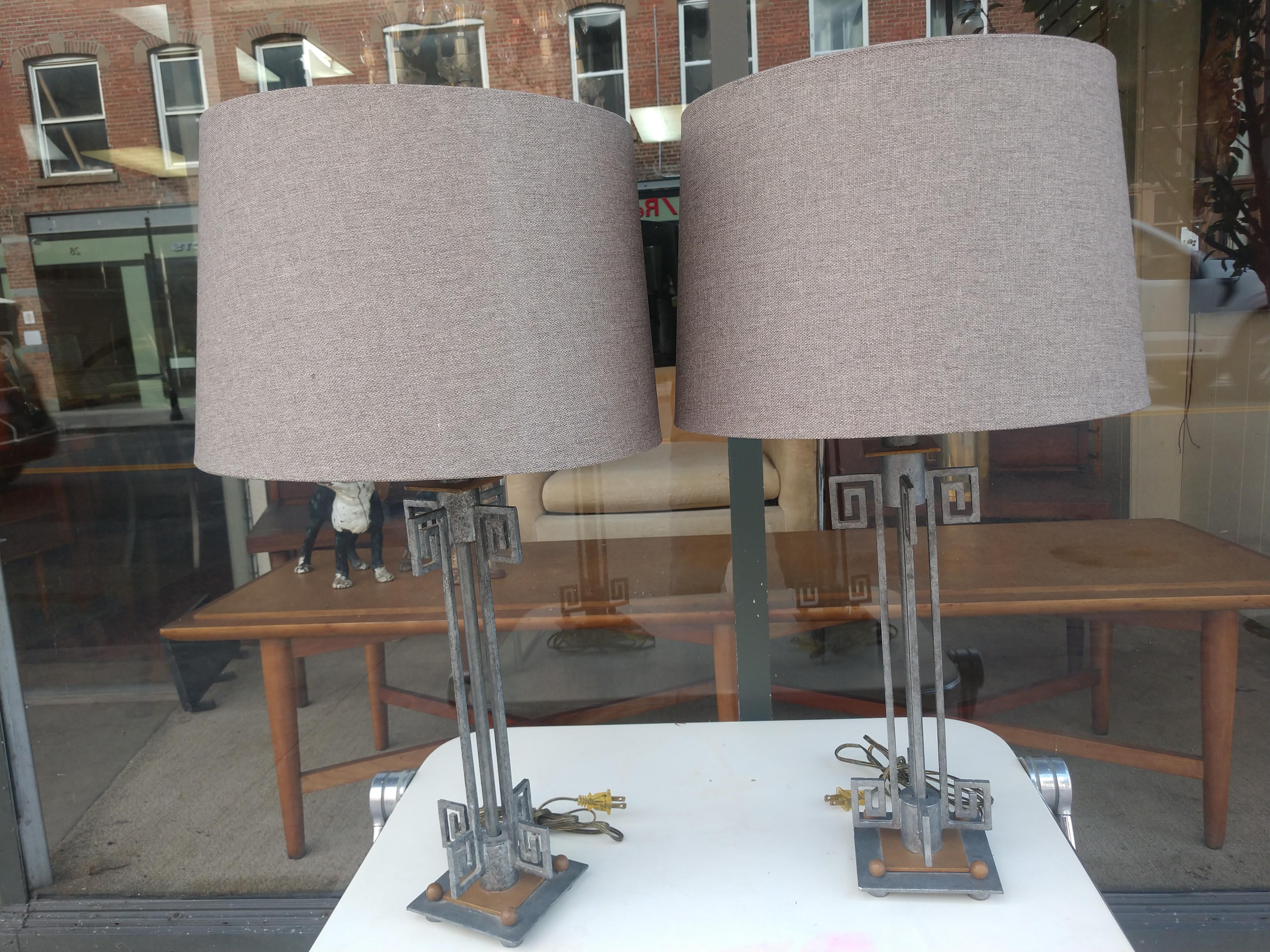 Welded Mid-Century Modern Pair of Table Lamps with Mixed Metal and Greek Key Design