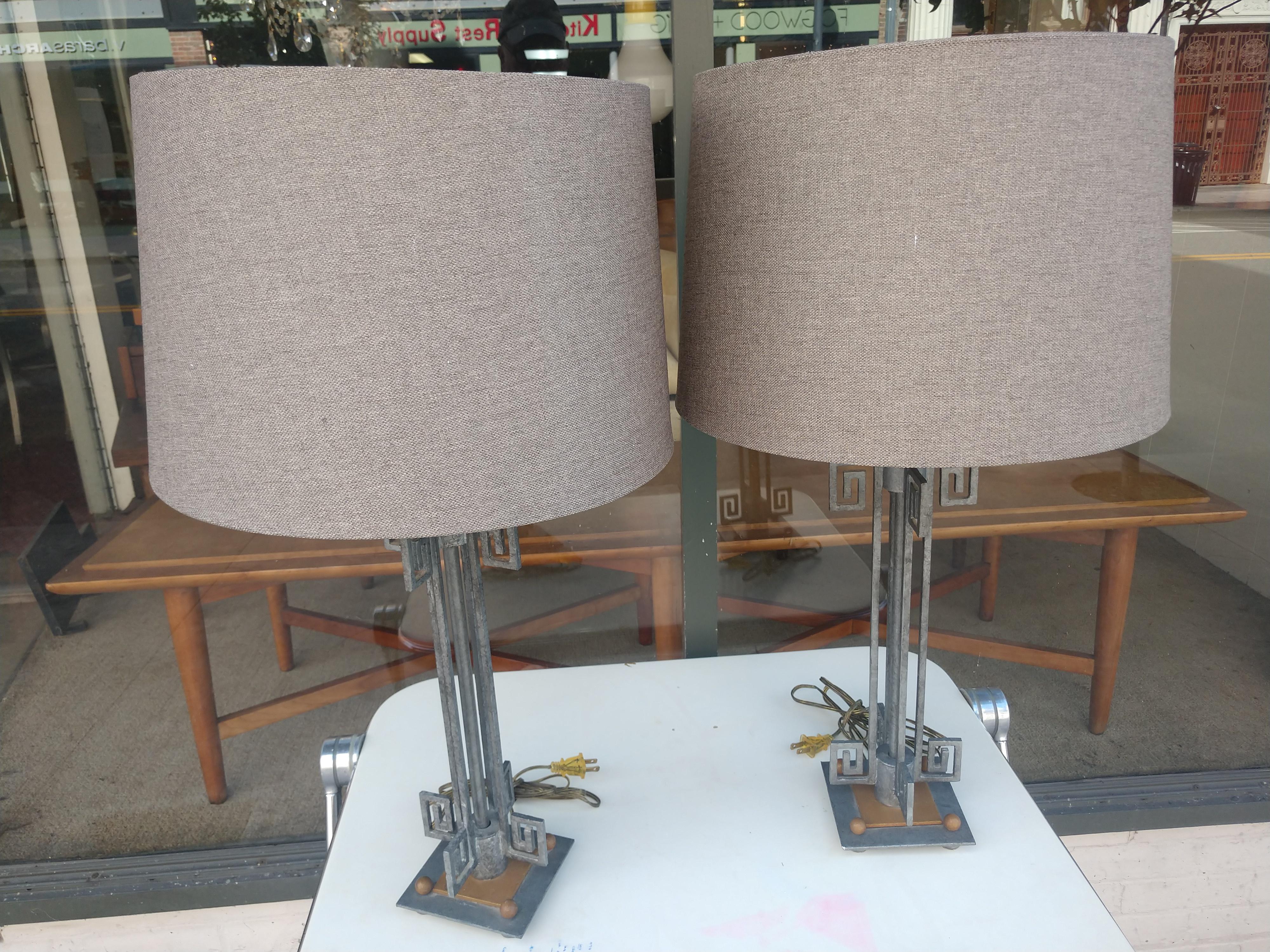 Brass Mid-Century Modern Pair of Table Lamps with Mixed Metal and Greek Key Design