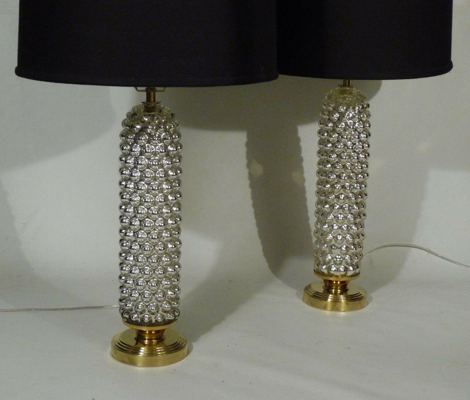 For your consideration is this pair of retro vintage mid-century modern eames hollywood regency geometrically textured mercury bubble cylinder form table lamps. In very good vintage condition. Rewired with solid brass premium socket. Measure a