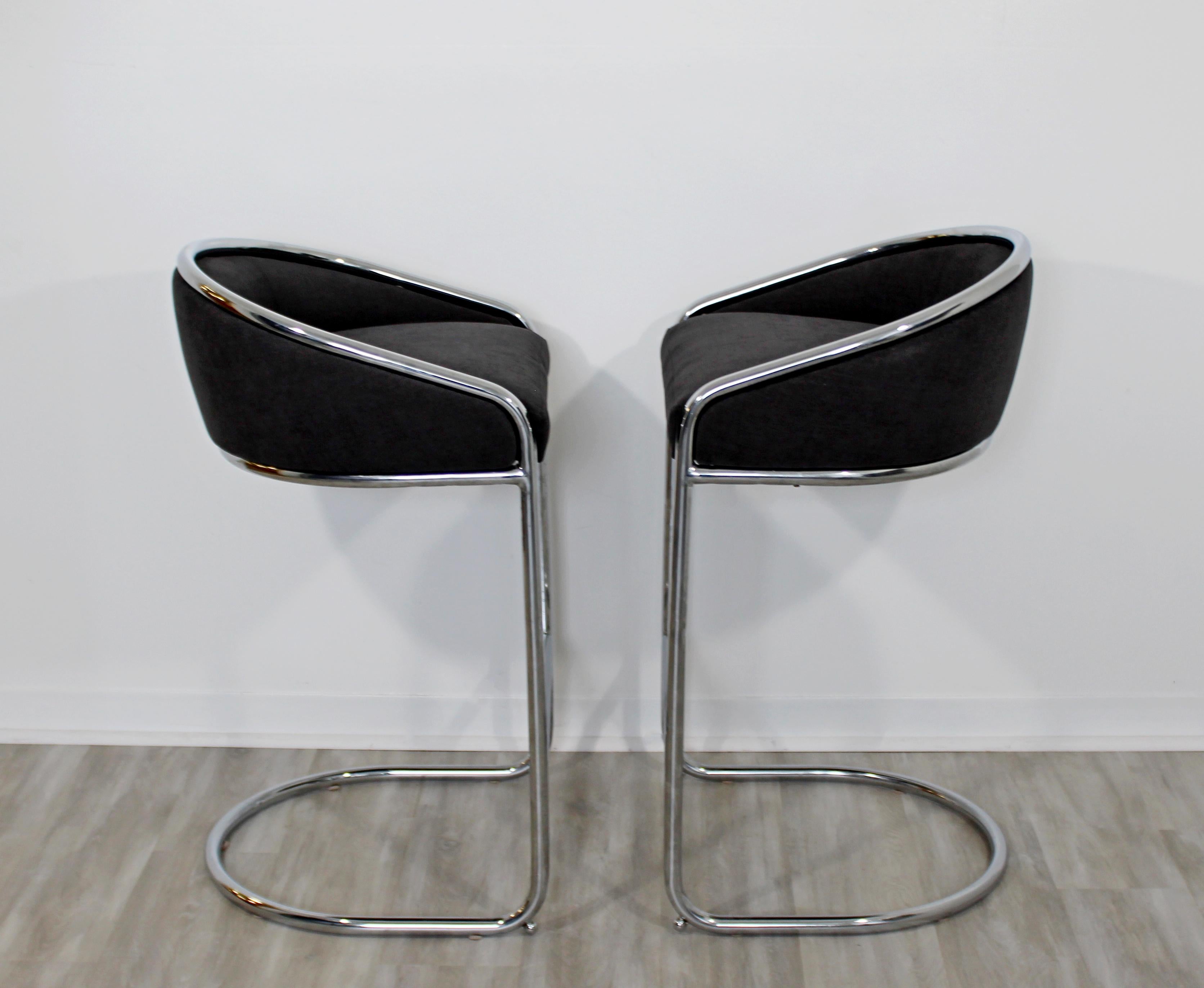 American Mid-Century Modern Pair of Tall Chrome Plush Bar Stools Thonet, 1970s