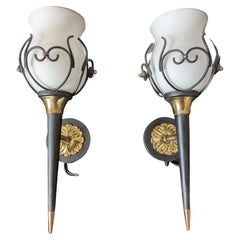 Mid-Century Modern Paar von  Torch-Messing-Wandleuchter mit 1 Arm, Maison Arlus, Frankreich, 1950