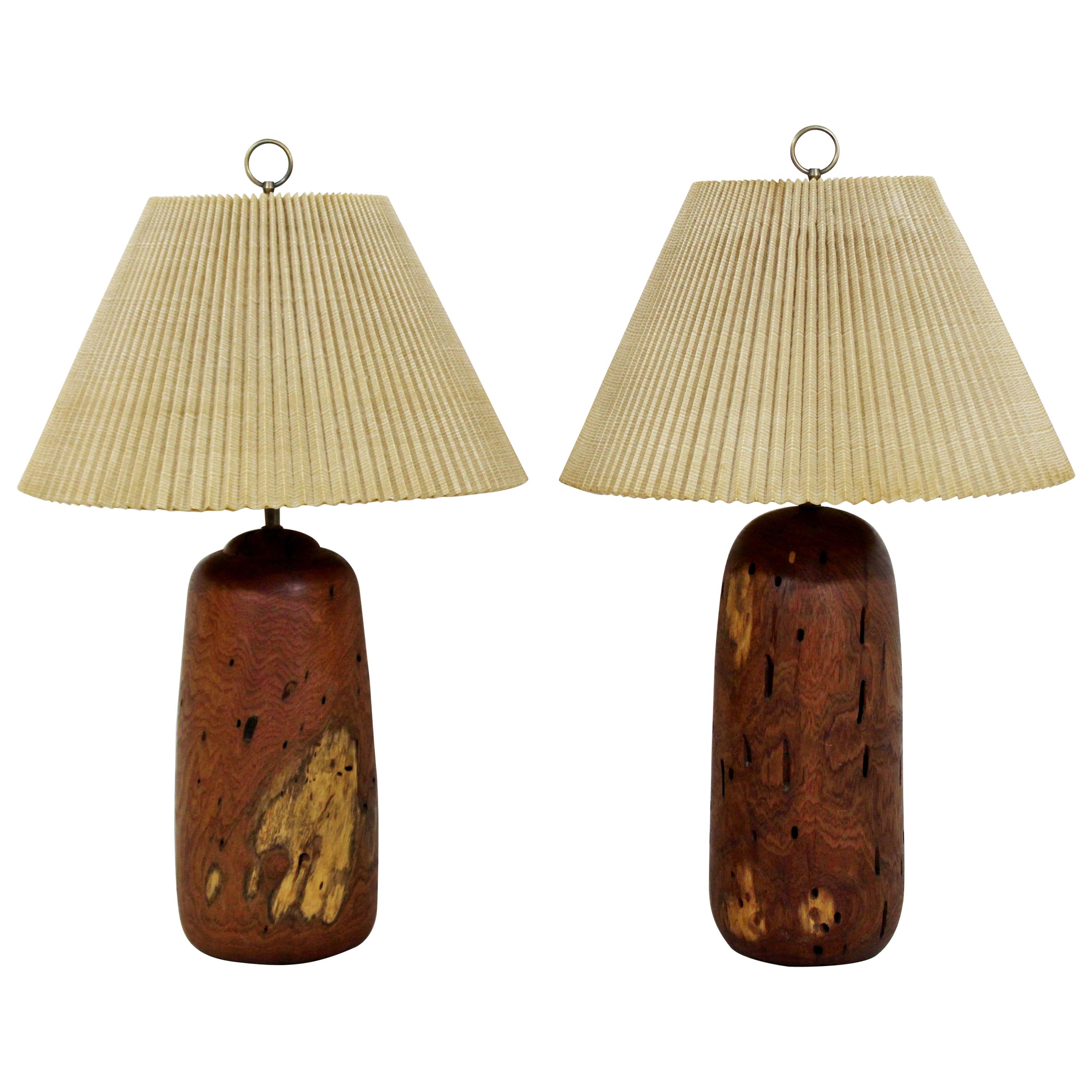 Mid-Century Modern Pair of Turned Wood Table Dimmer Lamps, 1960s