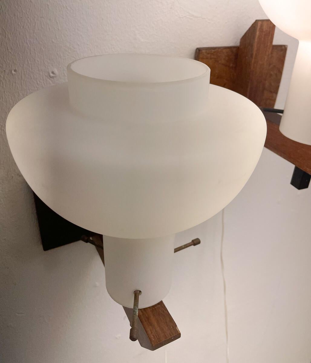 Late 20th Century Mid-Century Modern Pair of Wall Light, Wood and Opaline, 1970s For Sale