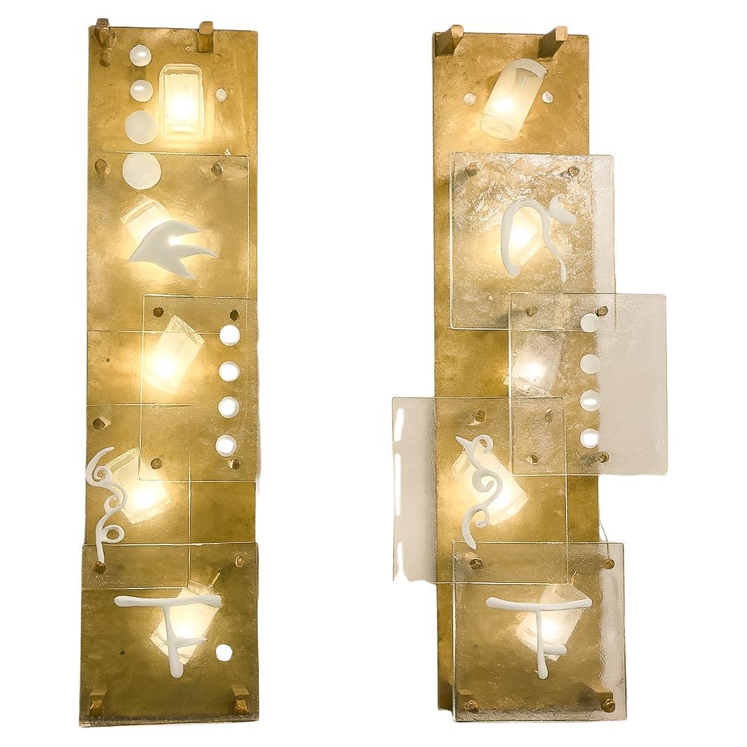 Modernes Wandleuchtenpaar aus der Jahrhundertmitte, Glas und Messing, Italien