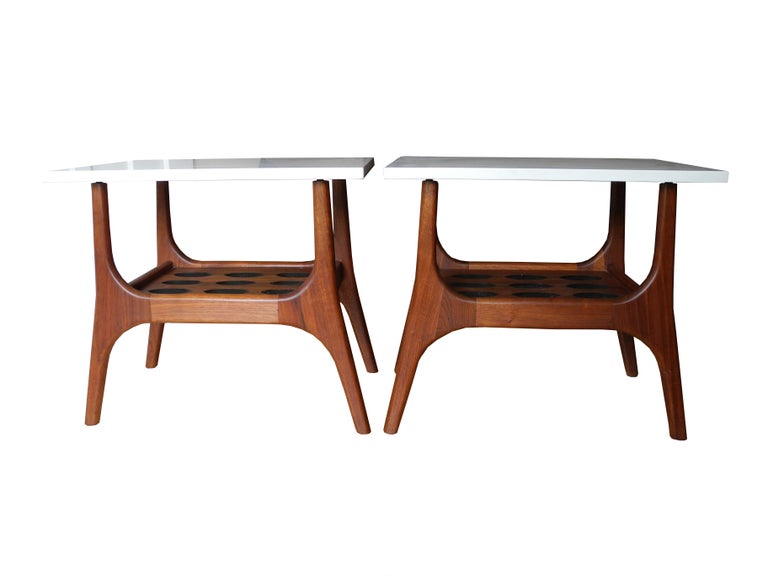 MidCentury Modern Pair of Walnut and White Quartz Nightstands or Side