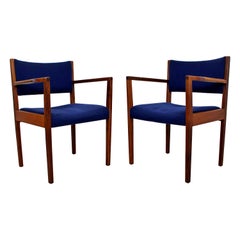 Mid-Century Modern Pair of Walnut Lounge Armchairs by Jens Risom 1960s Blue Seat