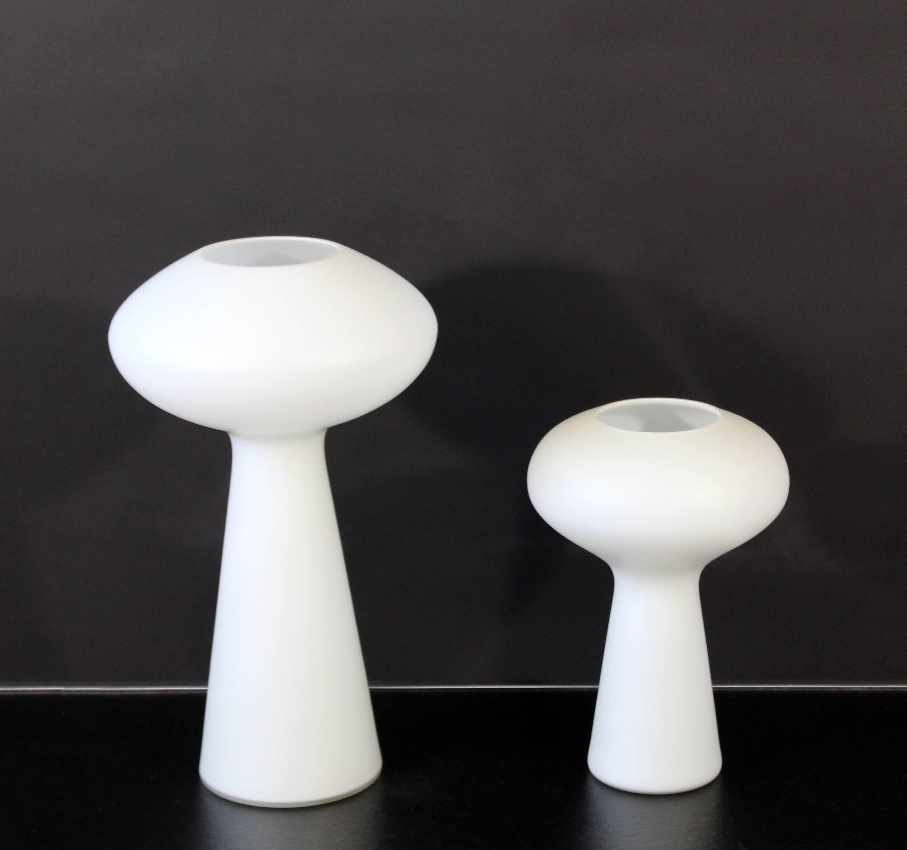 For your consideration is a fabulous pair of white frosted glass, He & She mushroom table lamps, by Lisa Johansson-Pape, circa 1950s. In excellent condition. The dimensions of the He larger are 9