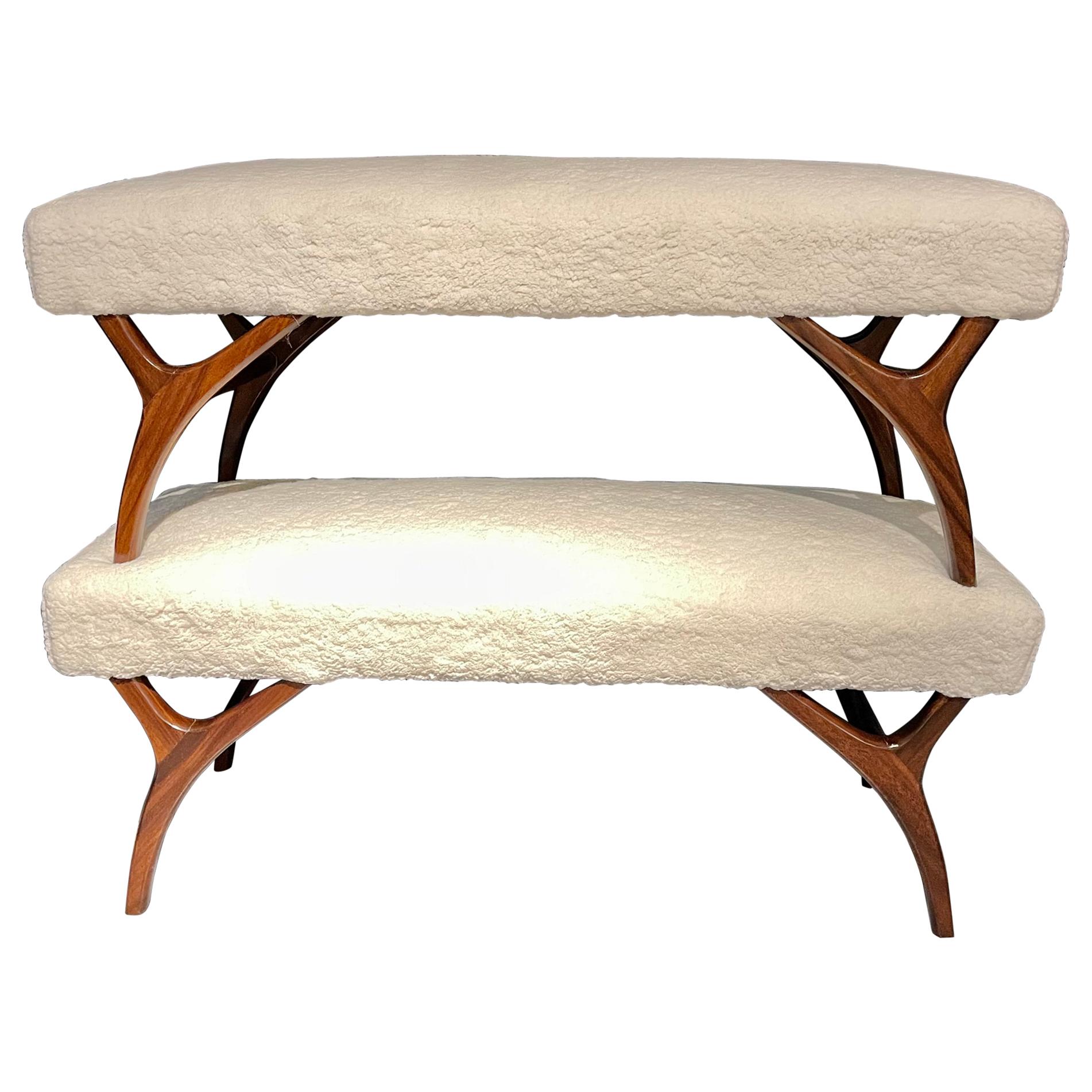 Mid-Century Modern Pair of Window Benches or Stools in Sherpa Upholstery