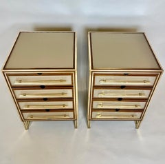 Mid-Century Modern Pair of Wood, Brass & Beige Opaline Glass Night Stands