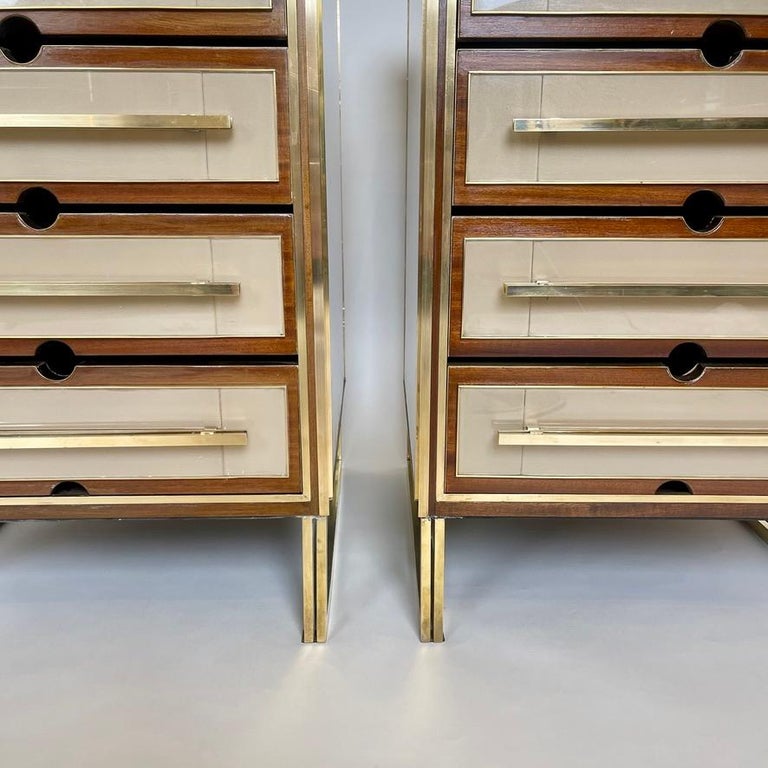 MidCentury Modern Pair of Wood, Brass and Beige Opaline Glass Night