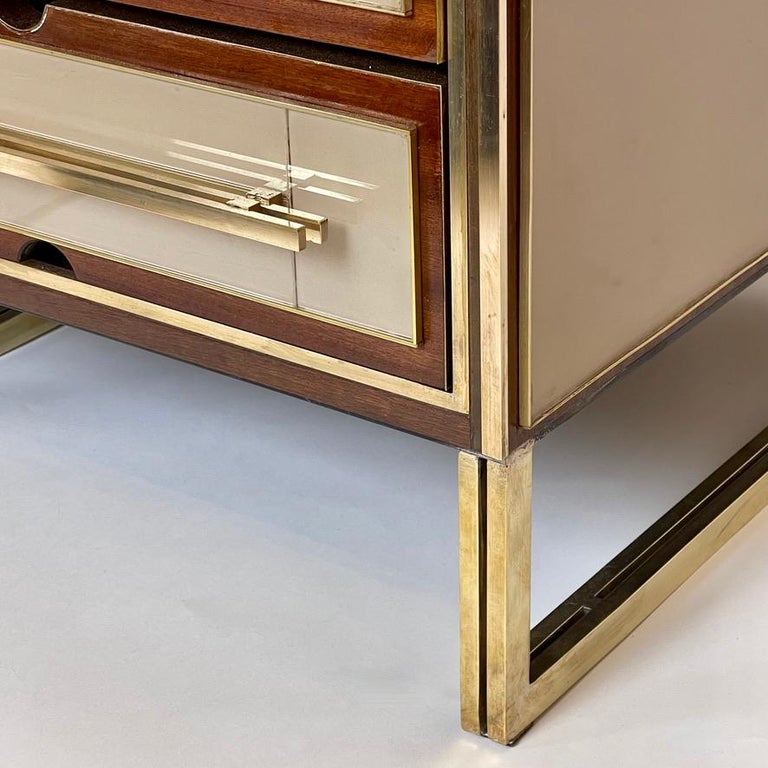 MidCentury Modern Pair of Wood, Brass and Beige Opaline Glass Night