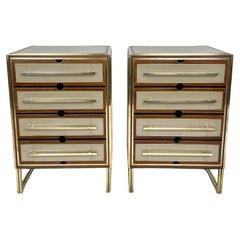 Vintage Mid-Century Modern Pair of Wood, Brass & Beige Opaline Glass Night Stands