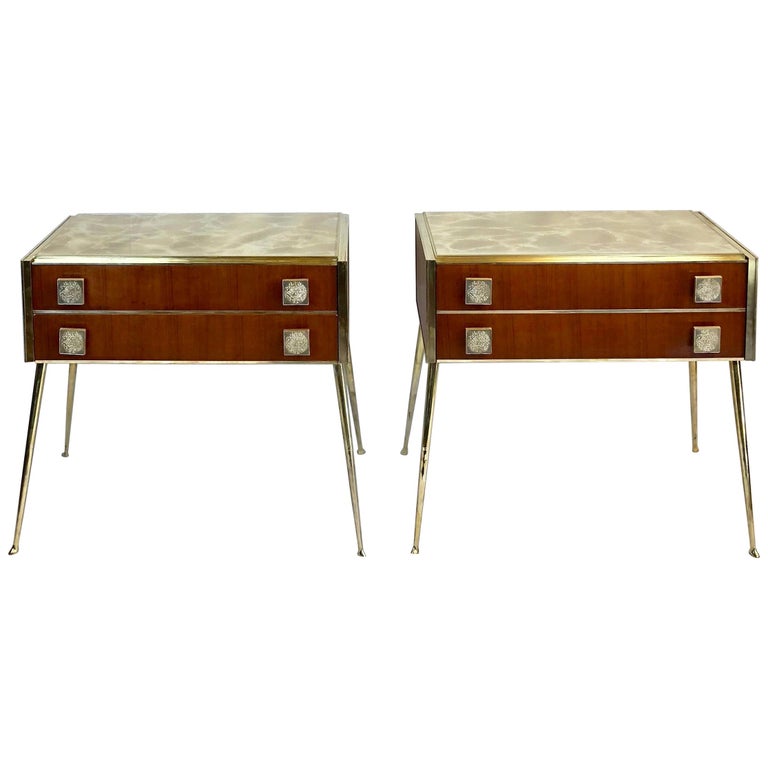Mid-Century Modern Pair of Wood, Brass and Green Murano Artistic Glass