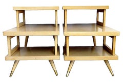 Mid-Century Modern Pair of Wood Laminate and Brass Three-Tier Side Tables