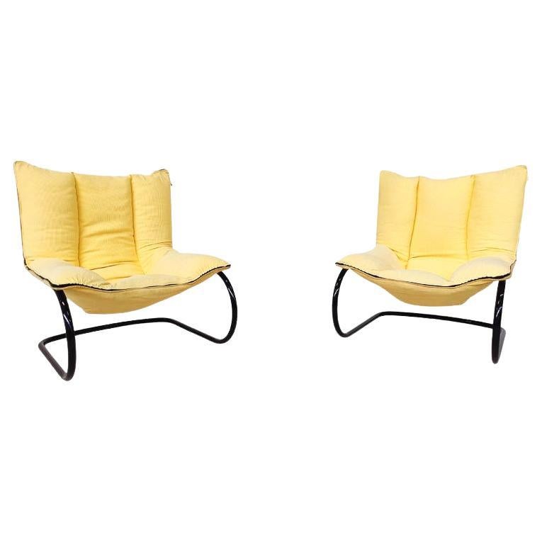 Mid-Century Modern Pair of Yellow Armchairs, Italy, 1970s - Original Fabric For Sale
