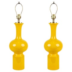 Mid Century Modern Pair of Yellow Ceramic Table Lamps, USA