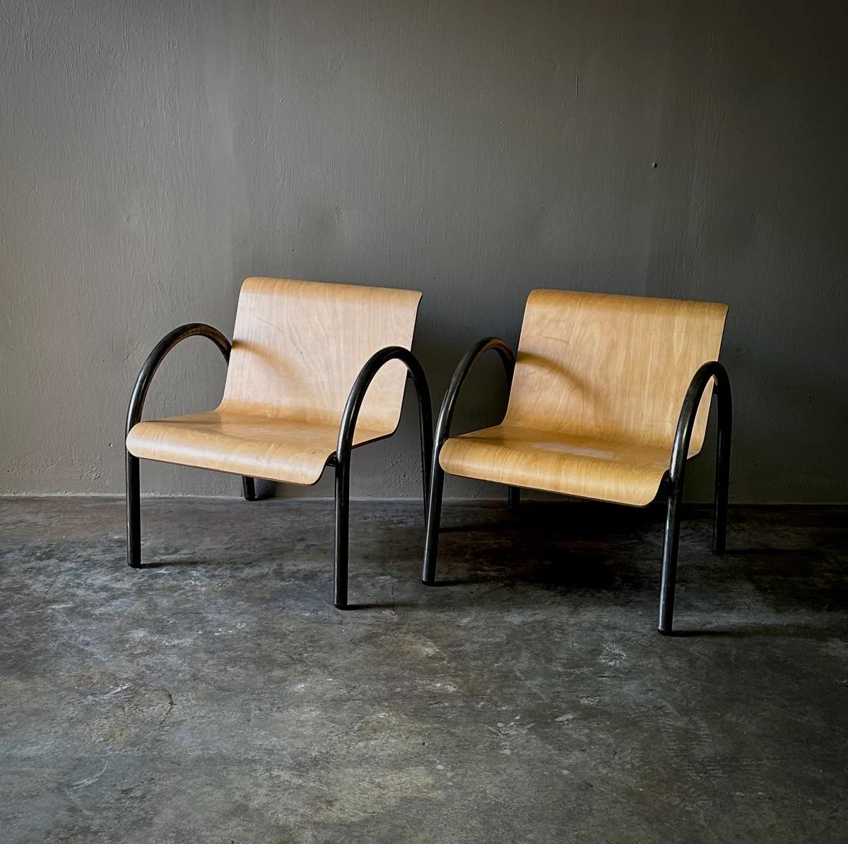 Mid-Century Modern Mid Century Modern Pair or Set of Four Metal and Wood Armchairs For Sale
