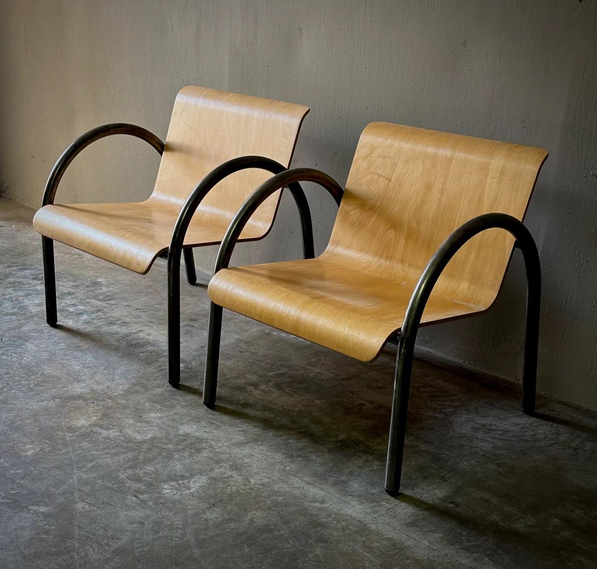 French Mid Century Modern Pair or Set of Four Metal and Wood Armchairs For Sale