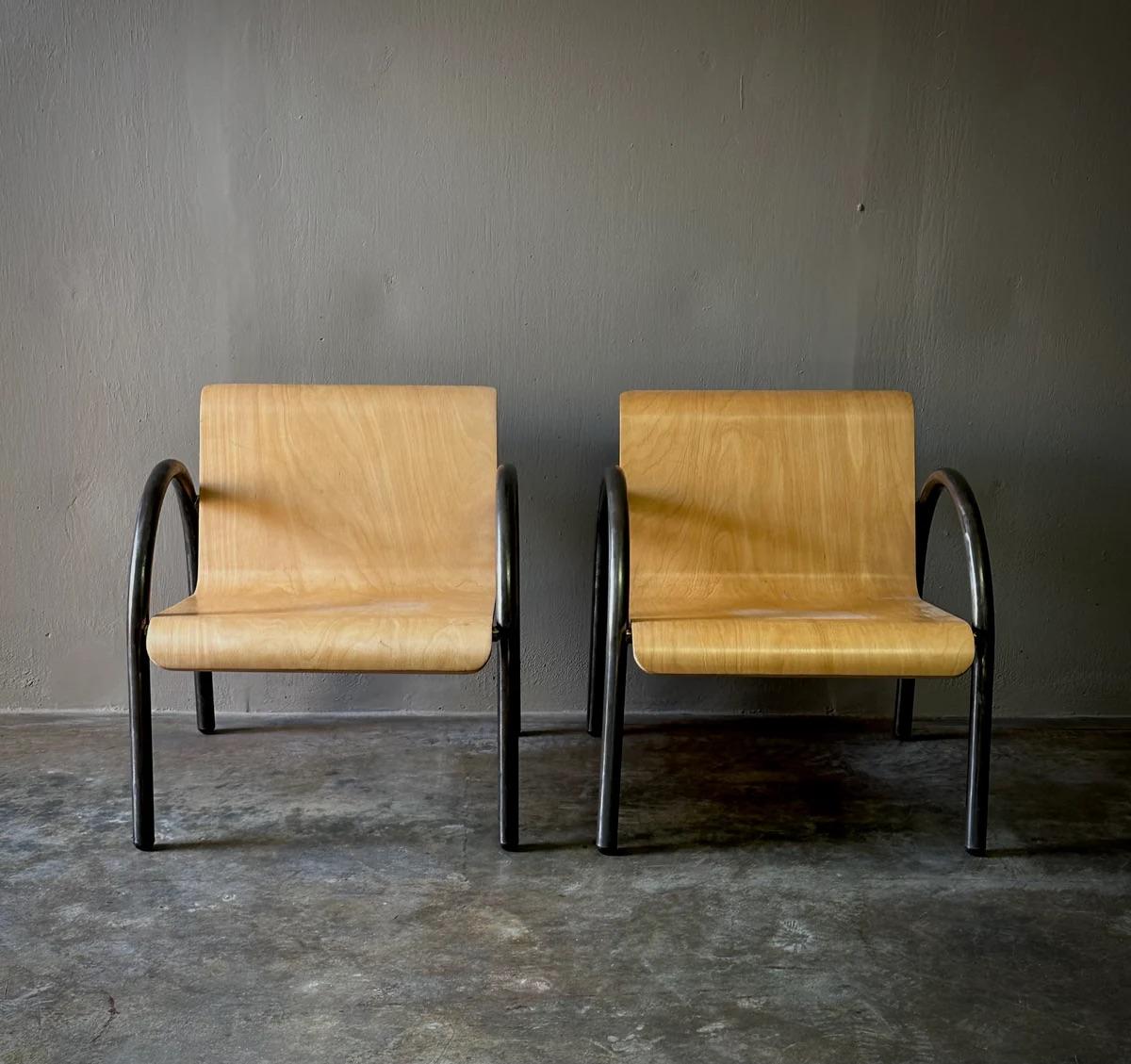 Mid-20th Century Mid Century Modern Pair or Set of Four Metal and Wood Armchairs For Sale