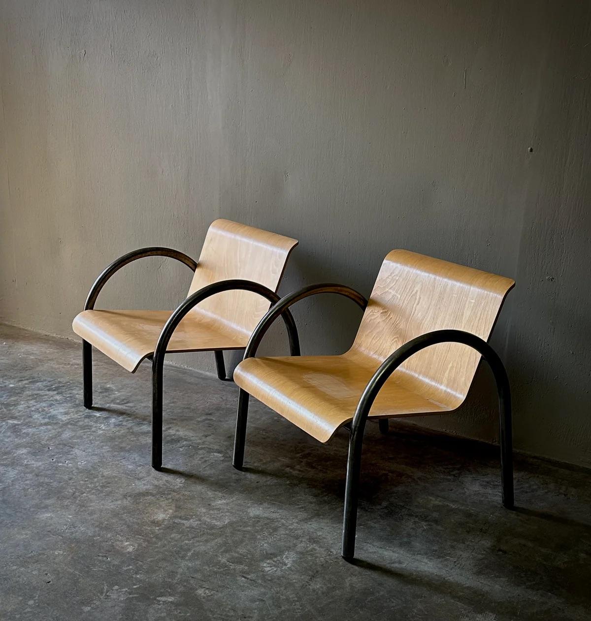 Mid Century Modern Pair or Set of Four Metal and Wood Armchairs For Sale 1