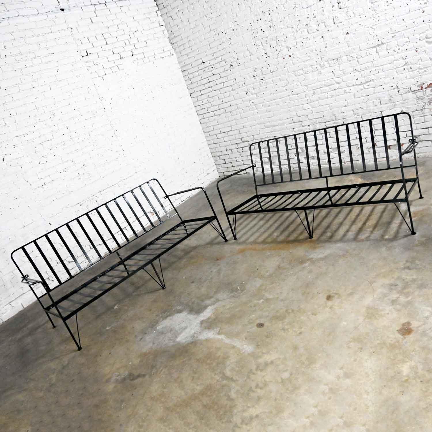 Mid-Century Modern Pair Painted Black Wrought Iron Outdoor Settees Frames Only 10