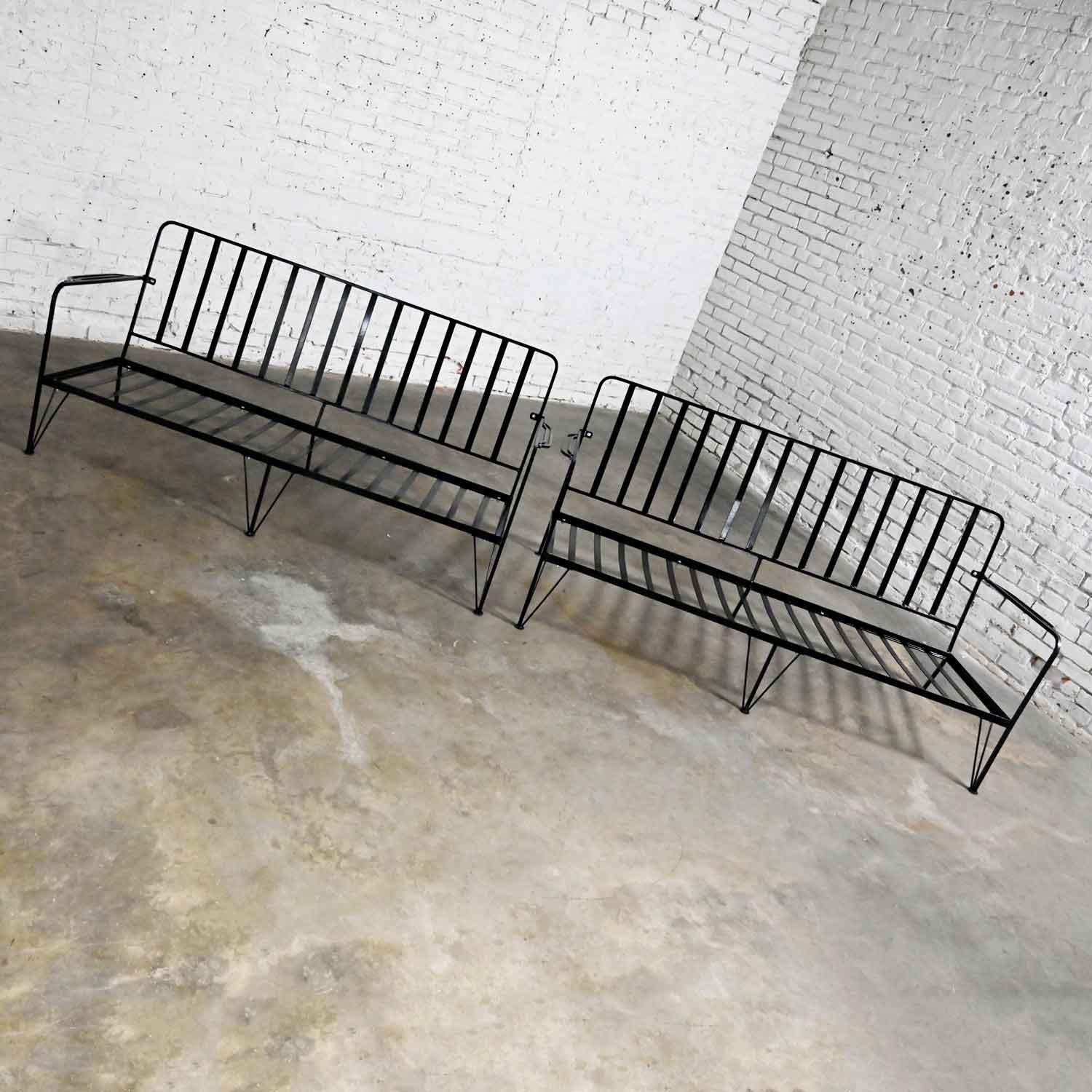Unknown Mid-Century Modern Pair Painted Black Wrought Iron Outdoor Settees Frames Only