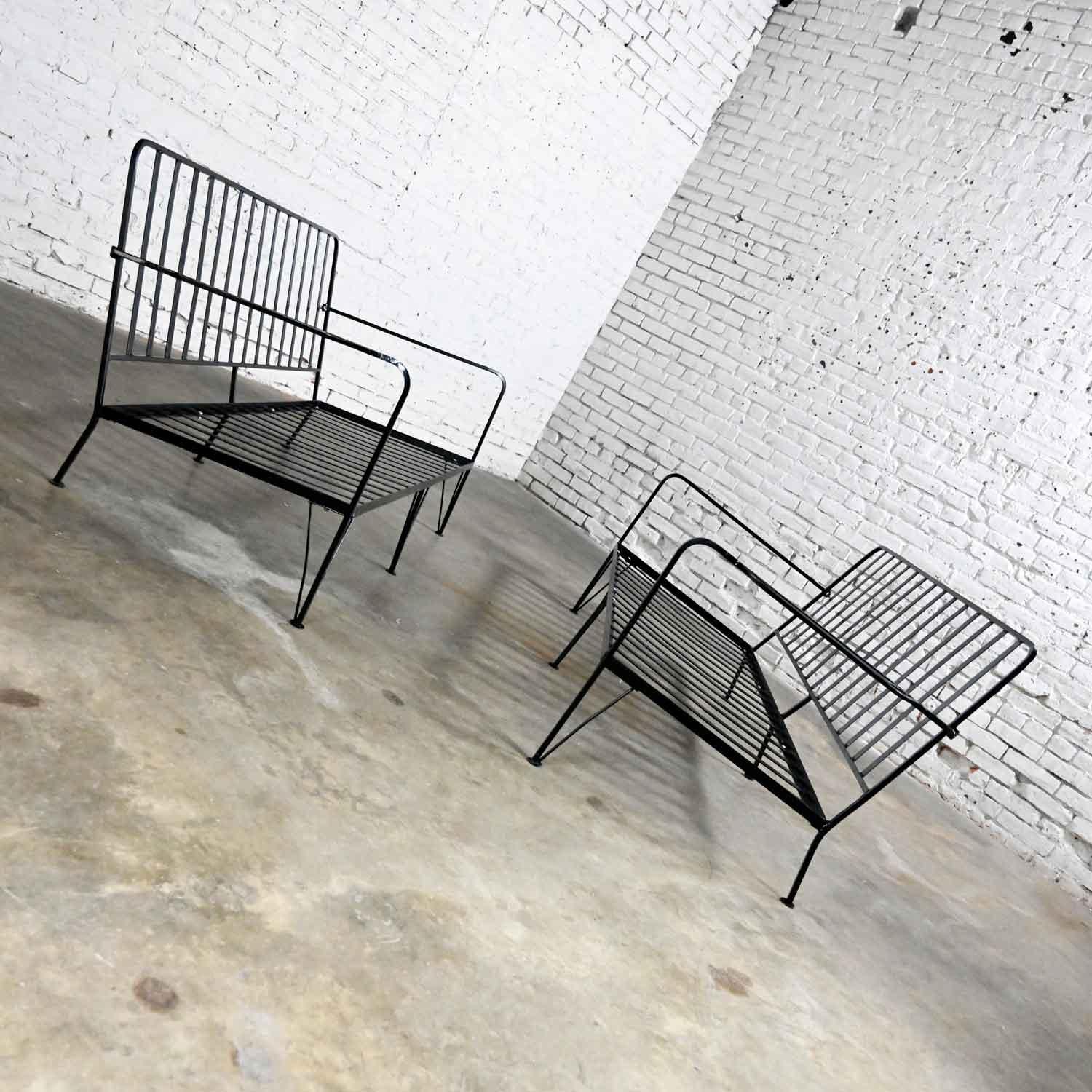 Mid-Century Modern Pair Painted Black Wrought Iron Outdoor Settees Frames Only 1