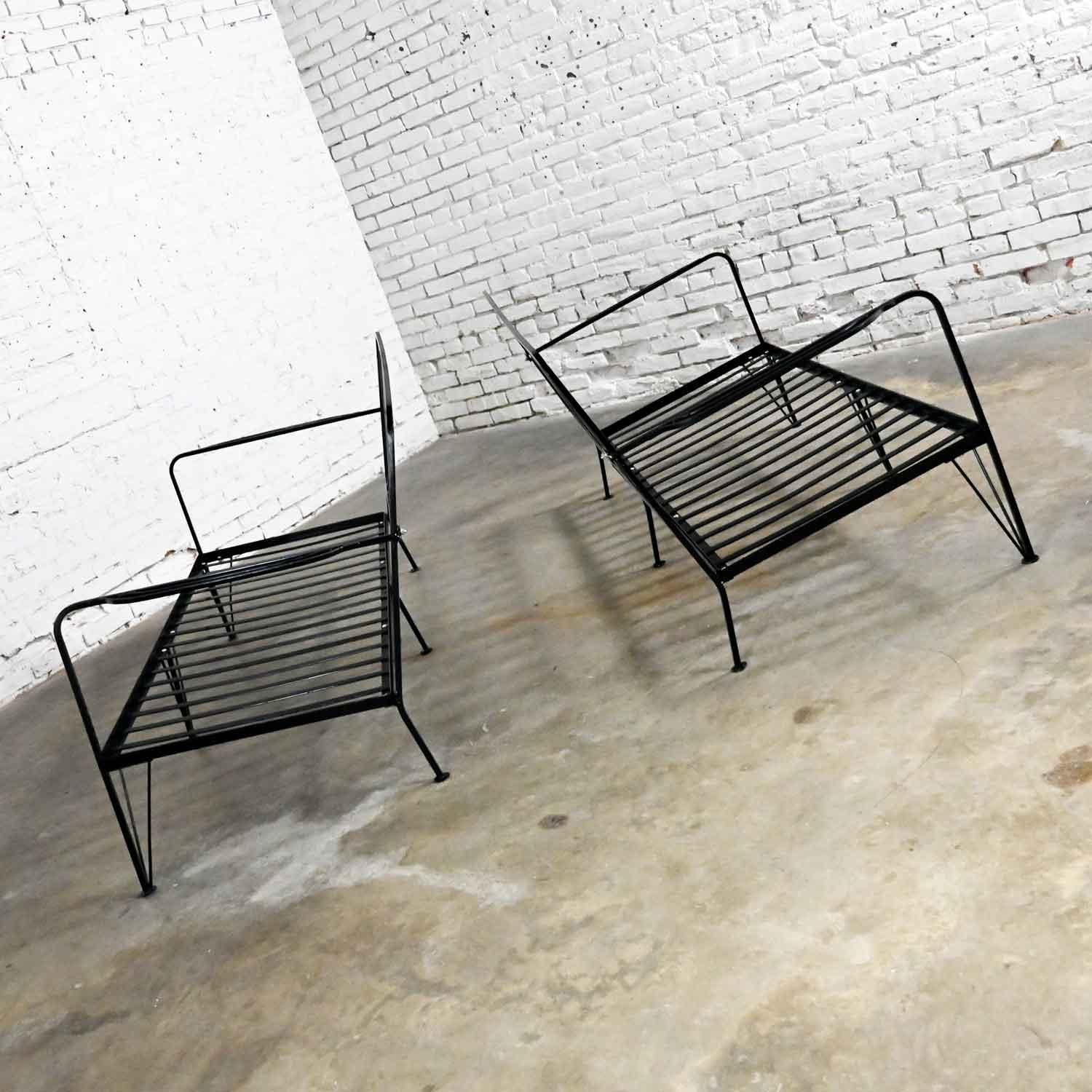 Mid-Century Modern Pair Painted Black Wrought Iron Outdoor Settees Frames Only 2