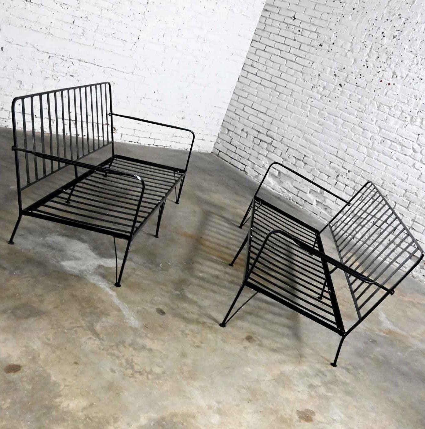 Mid-Century Modern Pair Painted Black Wrought Iron Outdoor Settees Frames Only 3