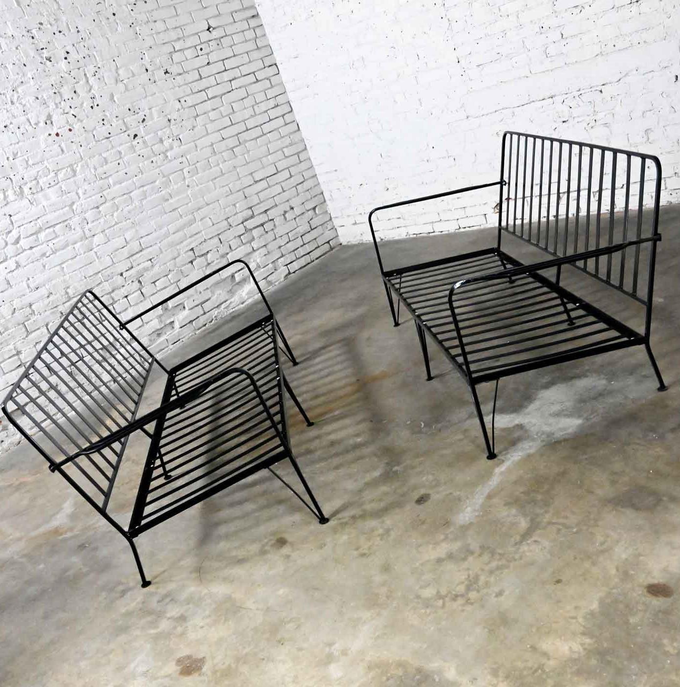 Mid-Century Modern Pair Painted Black Wrought Iron Outdoor Settees Frames Only 4