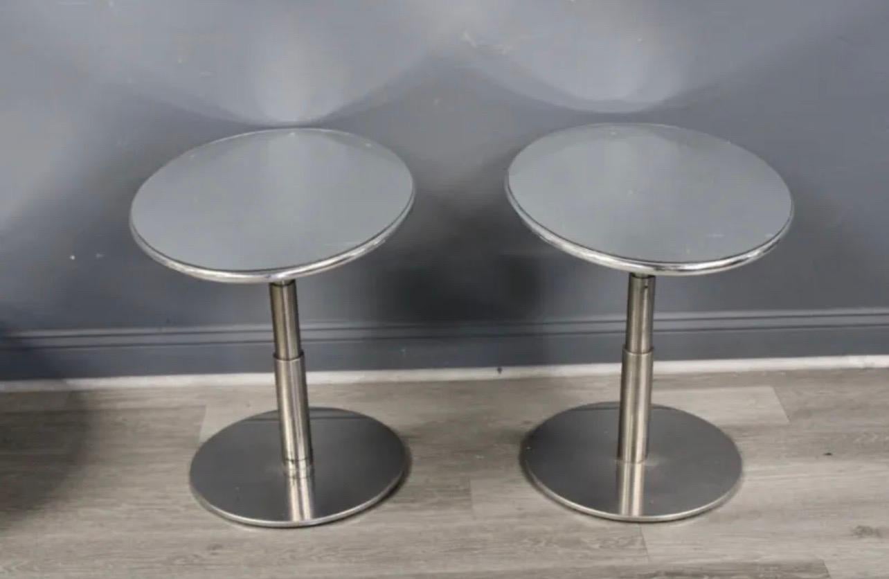 20th Century Mid-Century Modern Pair Polished Nickel Mirror Telescoping Oval Side End Tables For Sale