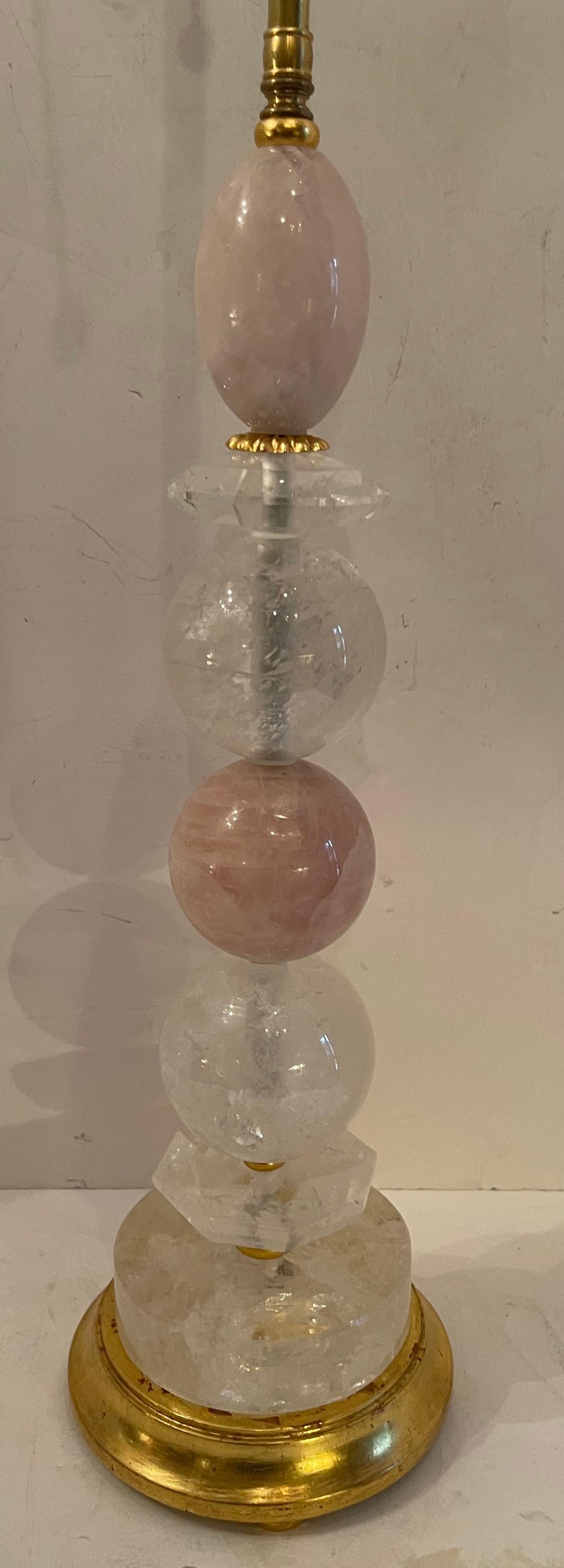 Belle Époque Mid-Century Modern Pair Rock Crystal Pink Quartz Gilt Wood Baguès Table Lamps For Sale