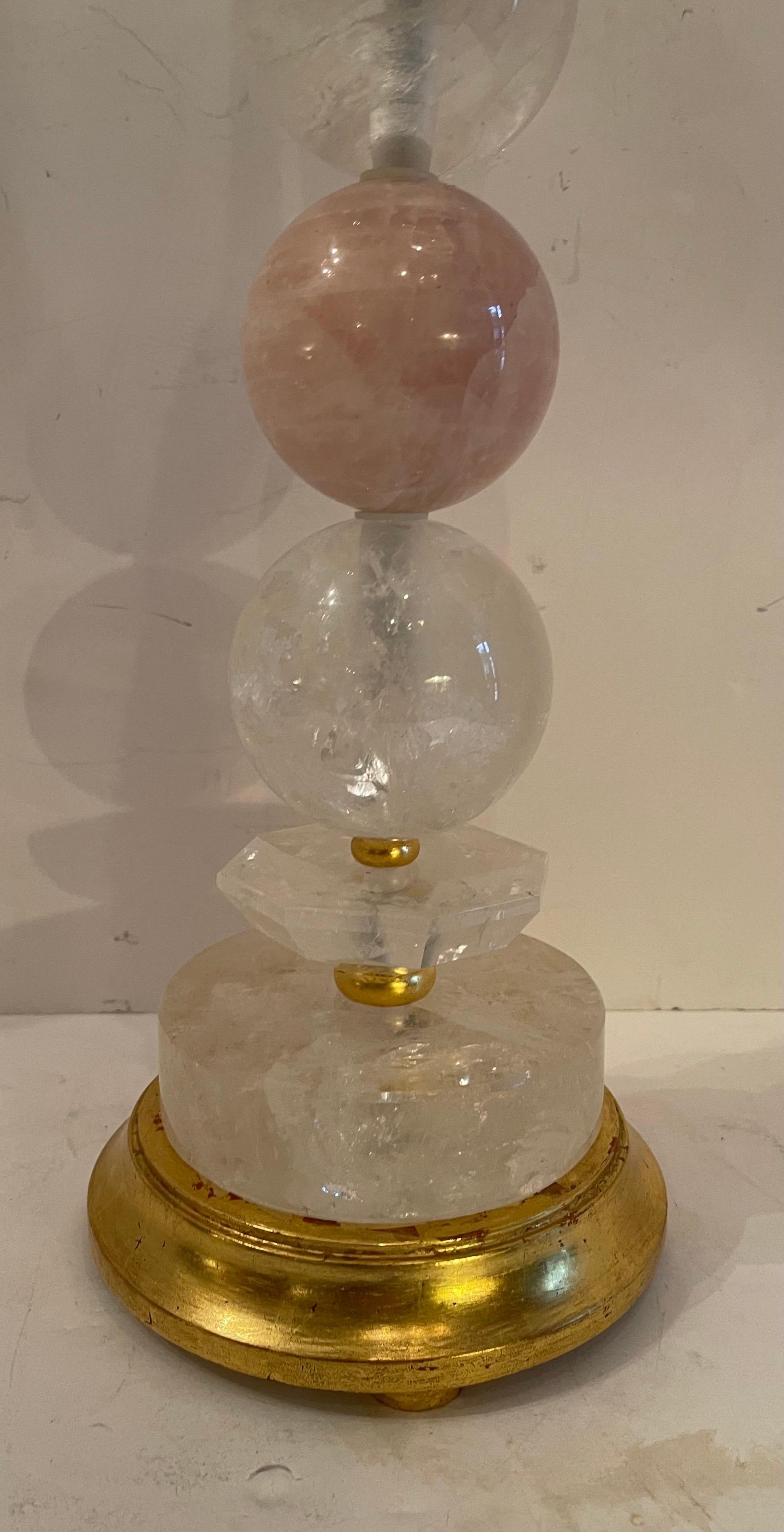 Italian Mid-Century Modern Pair Rock Crystal Pink Quartz Gilt Wood Baguès Table Lamps For Sale