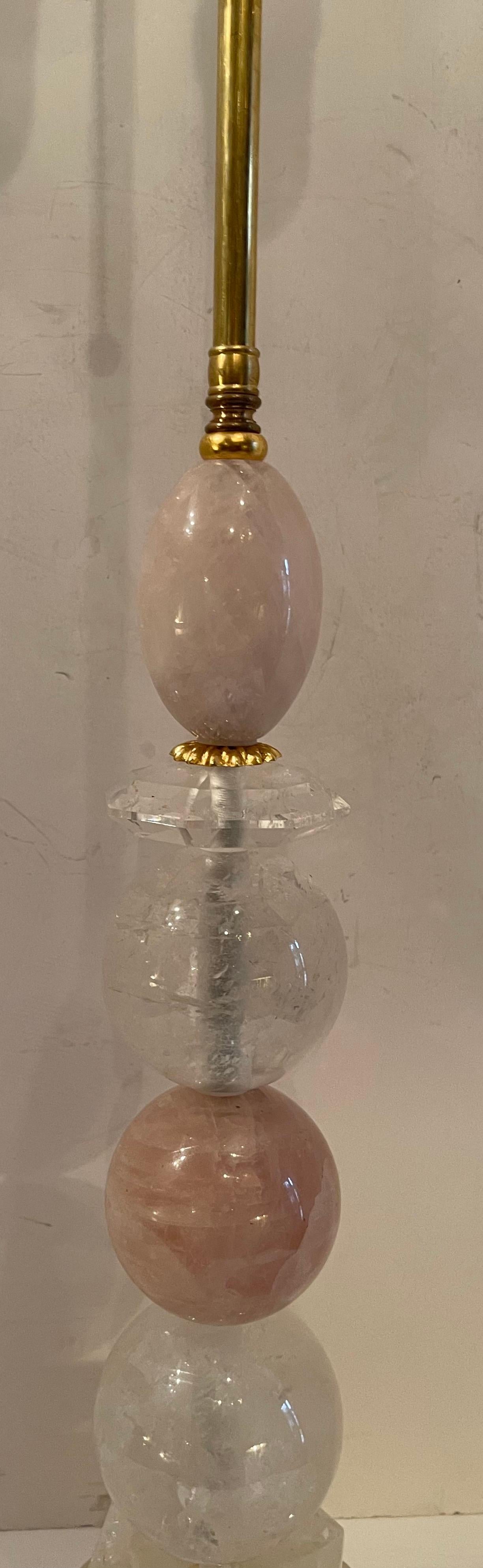 Mid-Century Modern Pair Rock Crystal Pink Quartz Gilt Wood Baguès Table Lamps In Good Condition For Sale In Roslyn, NY