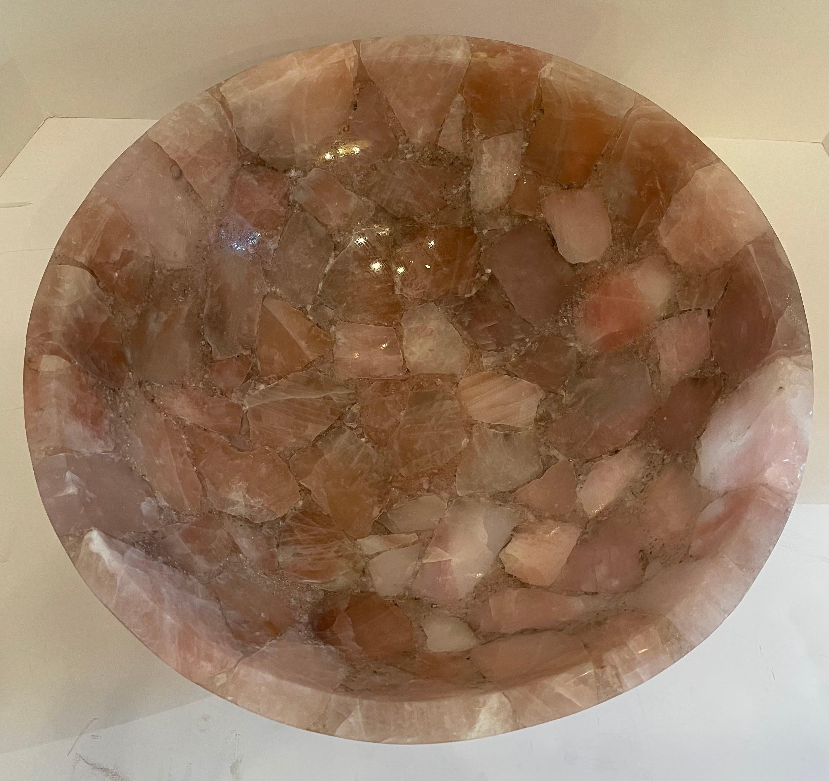 Italian Mid-Century Modern Pair Rock Crystal Round Natural Rose Pink Quartz Centerpiece For Sale