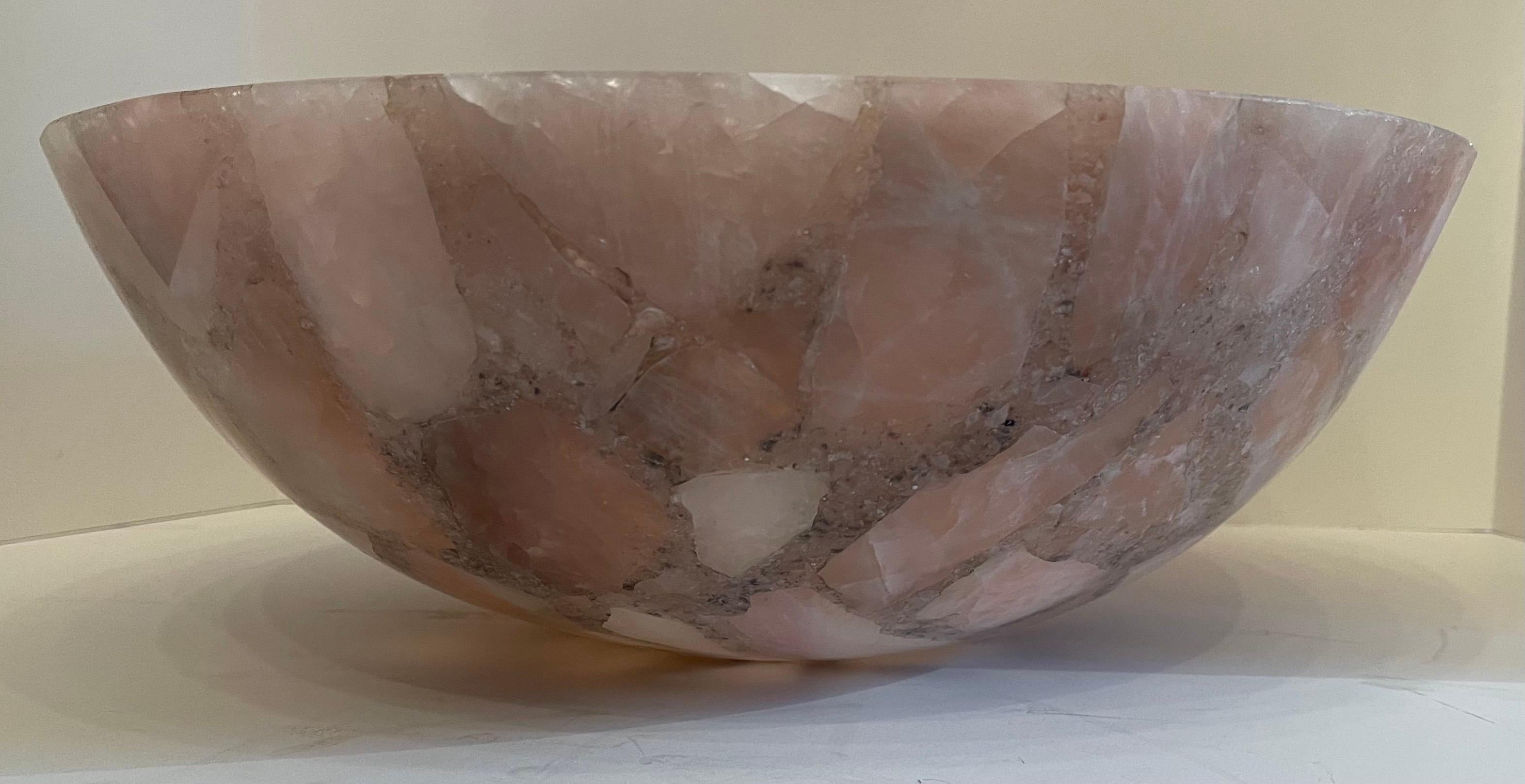 Polished Mid-Century Modern Pair Rock Crystal Round Natural Rose Pink Quartz Centerpiece For Sale