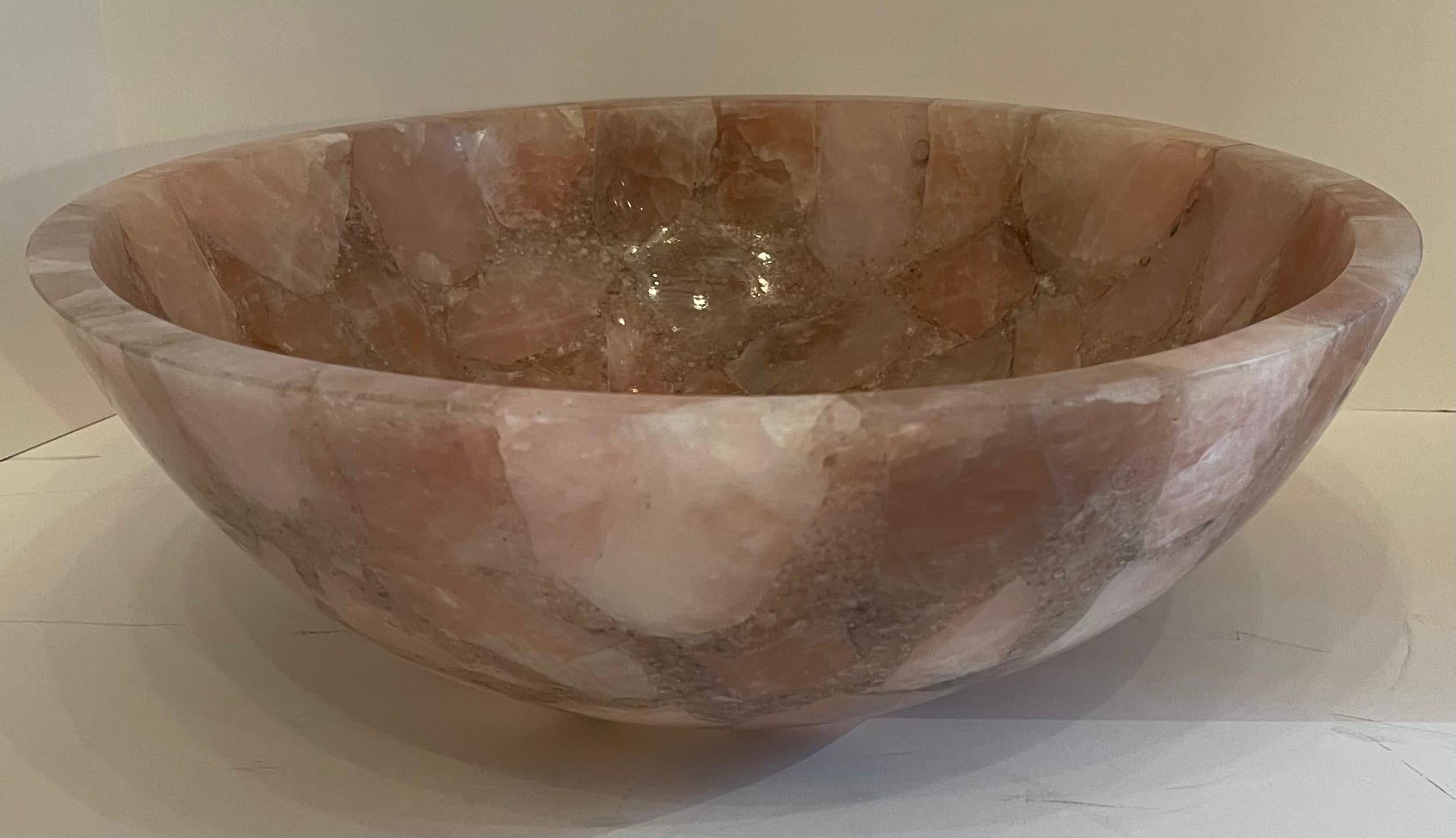 Mid-Century Modern Pair Rock Crystal Round Natural Rose Pink Quartz Centerpiece In Good Condition For Sale In Roslyn, NY