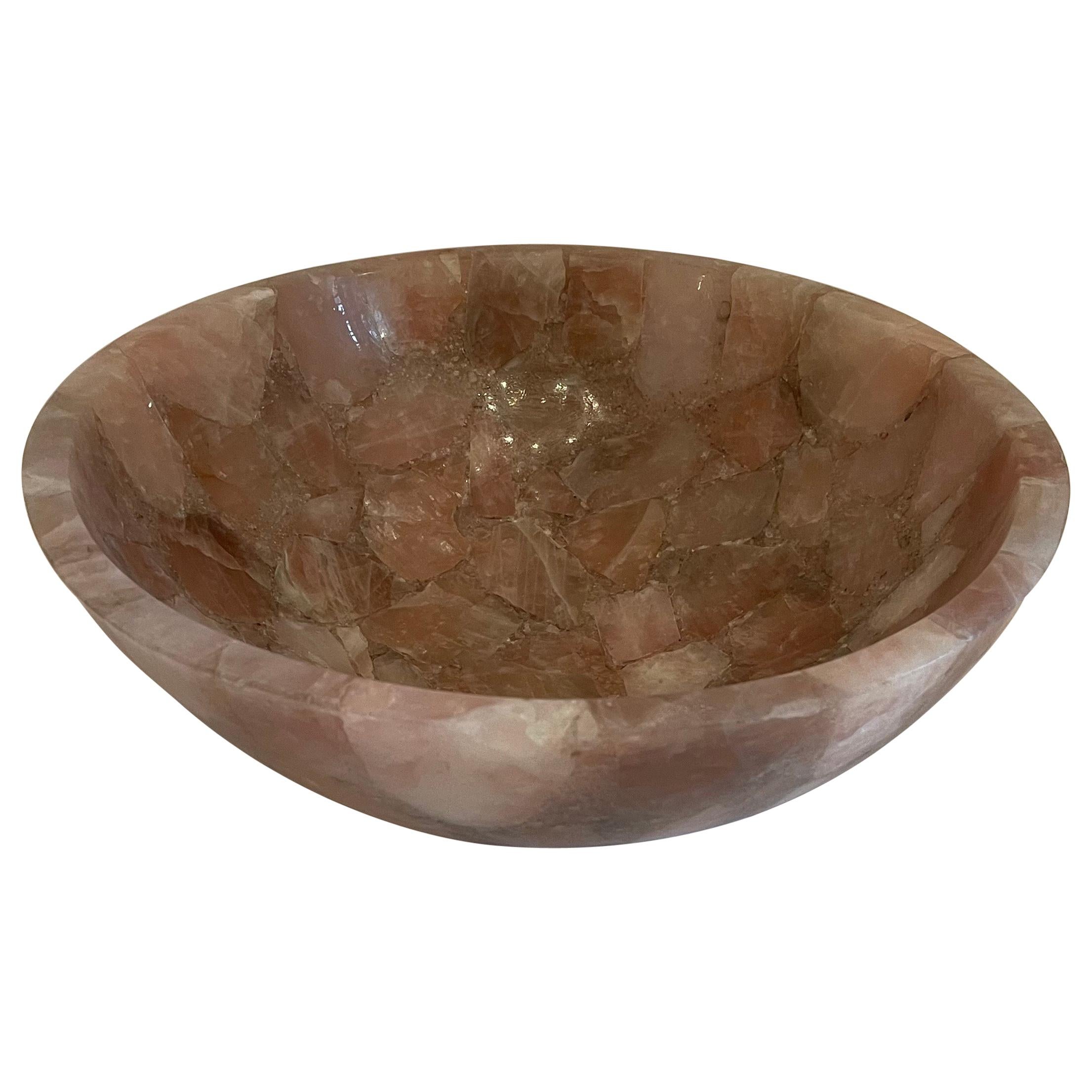 Mid-Century Modern Pair Rock Crystal Round Natural Rose Pink Quartz Centerpiece For Sale