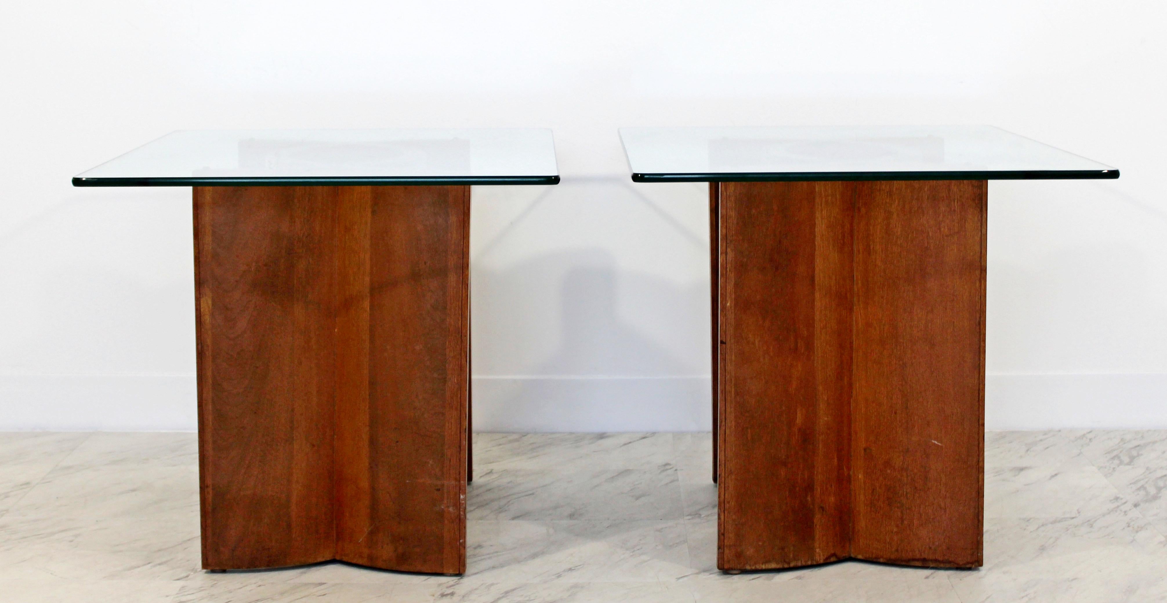 American Mid-Century Modern Pair Sculptural Wood Glass Side End Tables