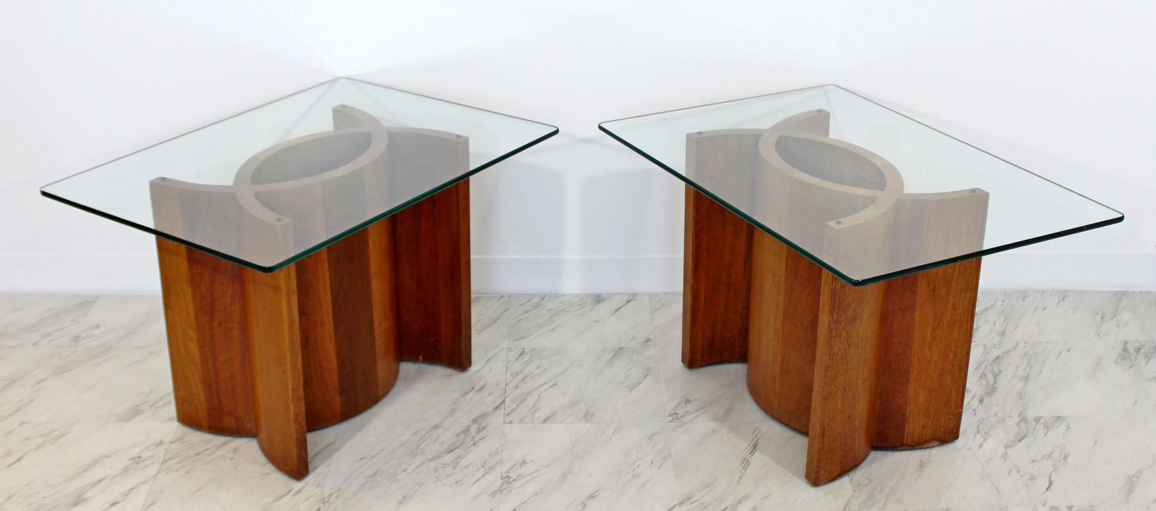 Mid-Century Modern Pair Sculptural Wood Glass Side End Tables 2