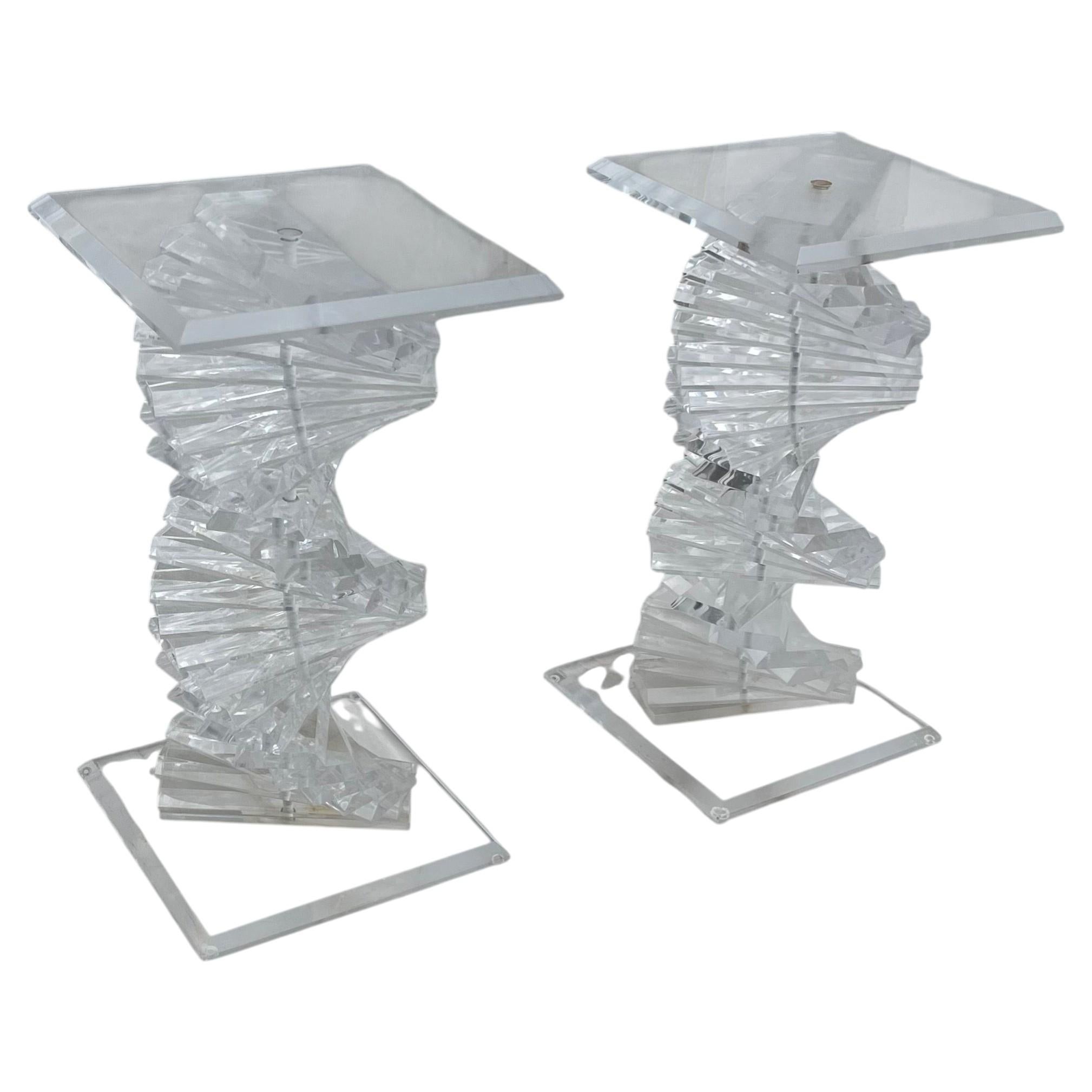 Mid Century Modern Pair Shlomi Haziza Stacked Lucite Helix Spiral Pedestals