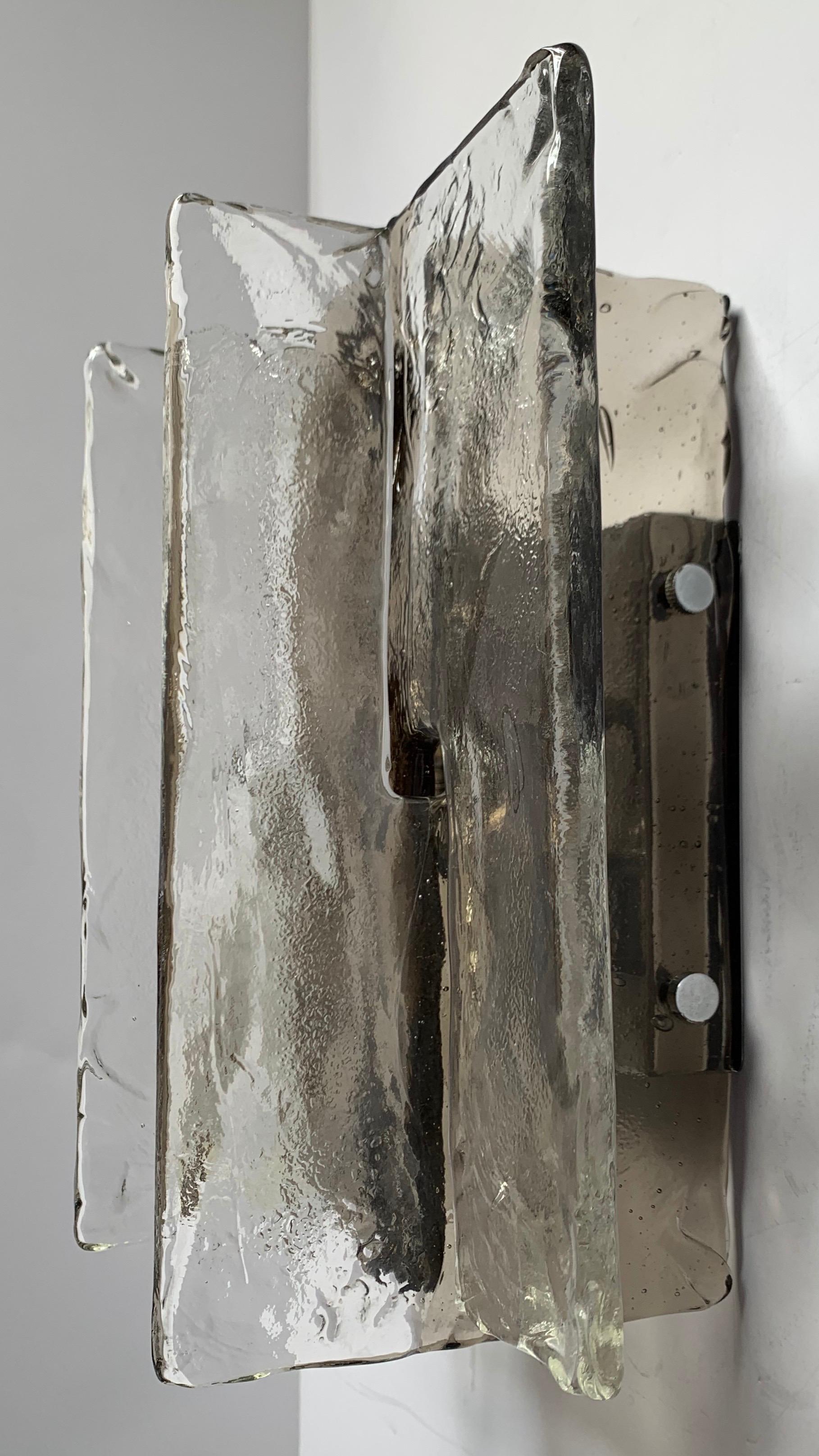 Italian Mid-Century Modern Pair Smoke Clear Slotted Glass Nickel Murano Mazzega Sconces