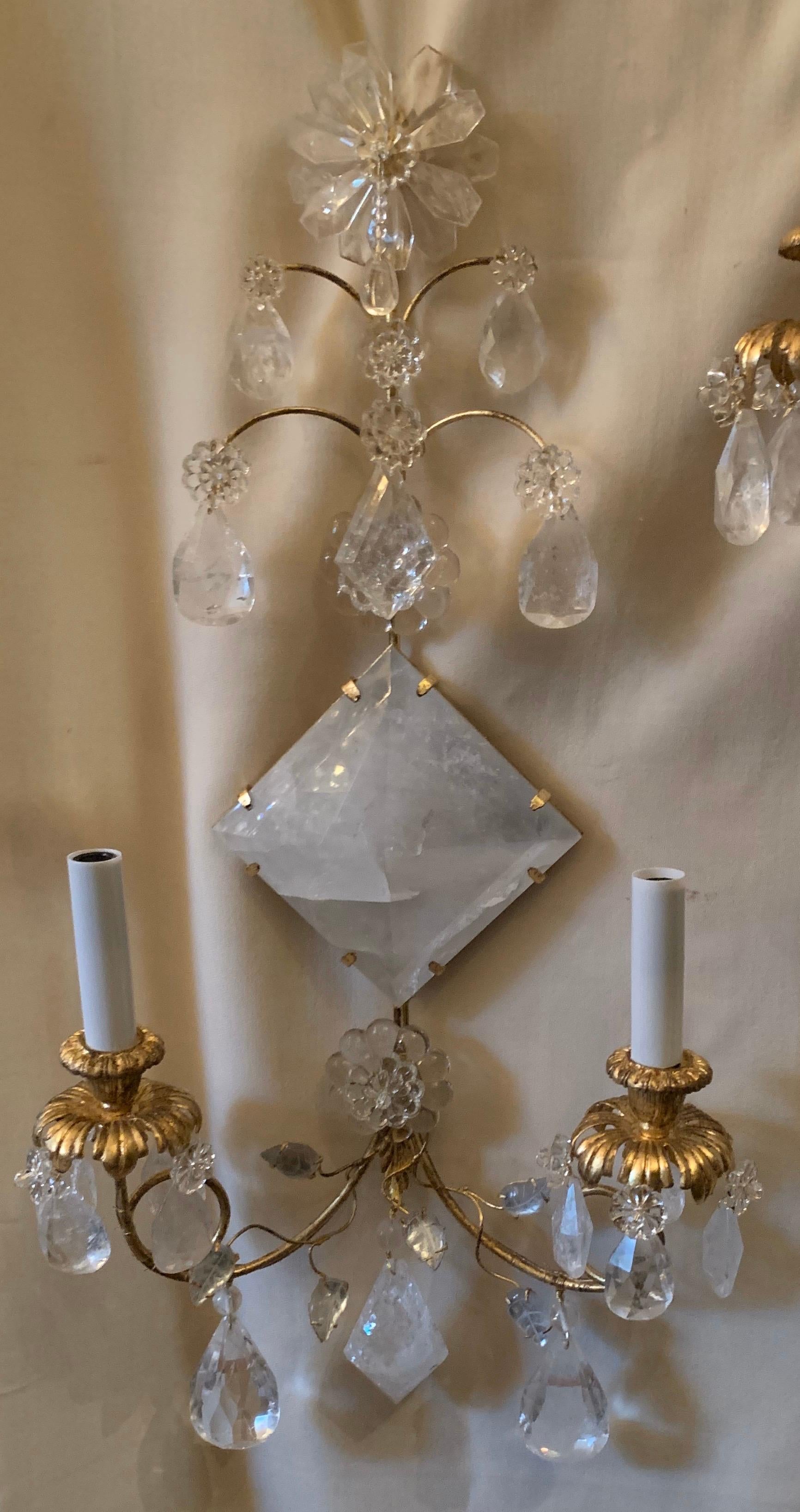 Italian Mid-Century Modern Pair Transitional Gold Leaf Rock Crystal Diamond Wall Sconces