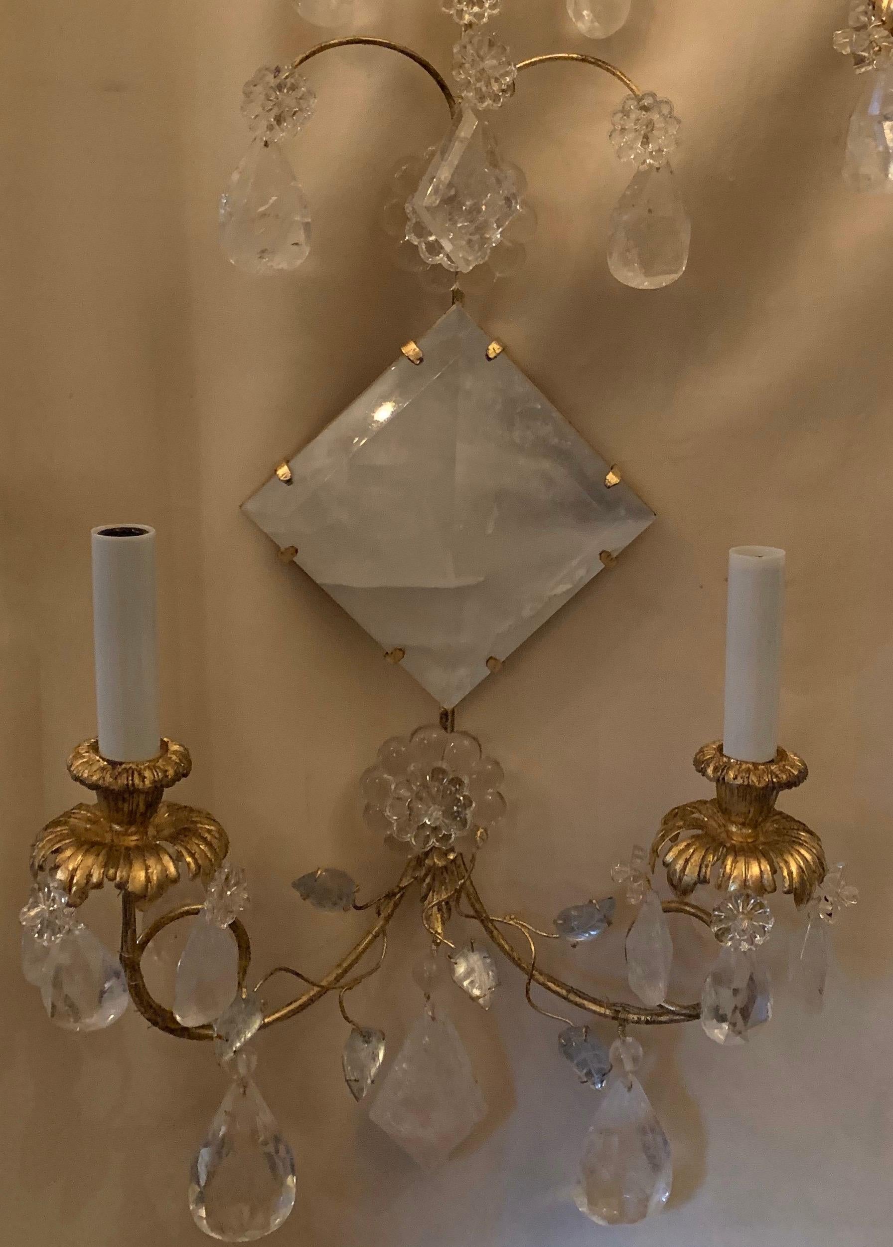 Gilt Mid-Century Modern Pair Transitional Gold Leaf Rock Crystal Diamond Wall Sconces