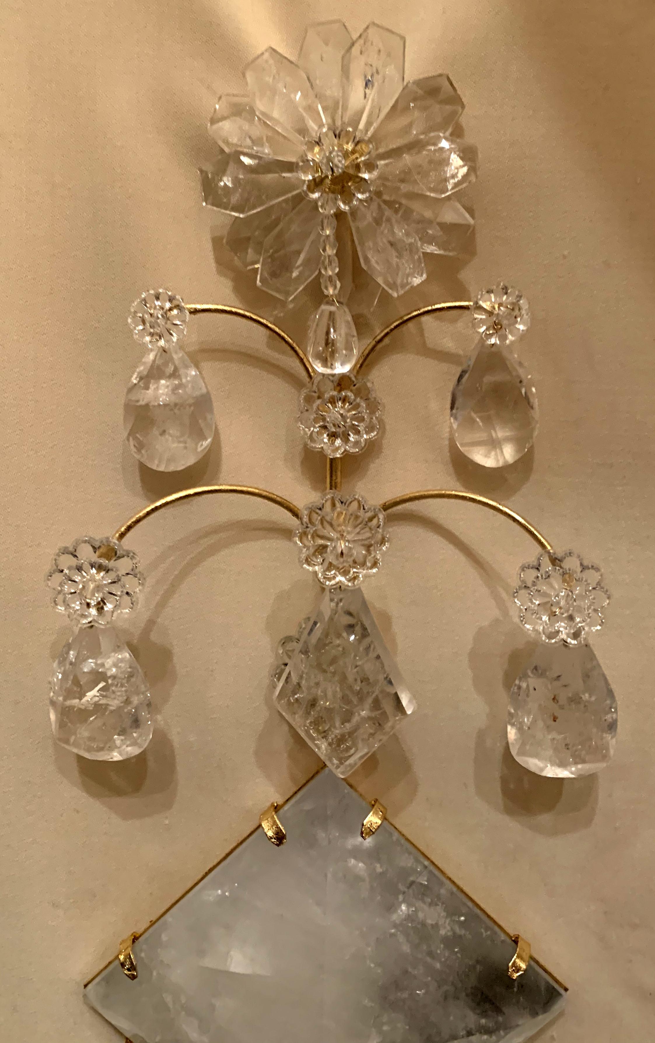 Italian Mid-Century Modern Pair Transitional Gold Leaf Rock Crystal Sconces